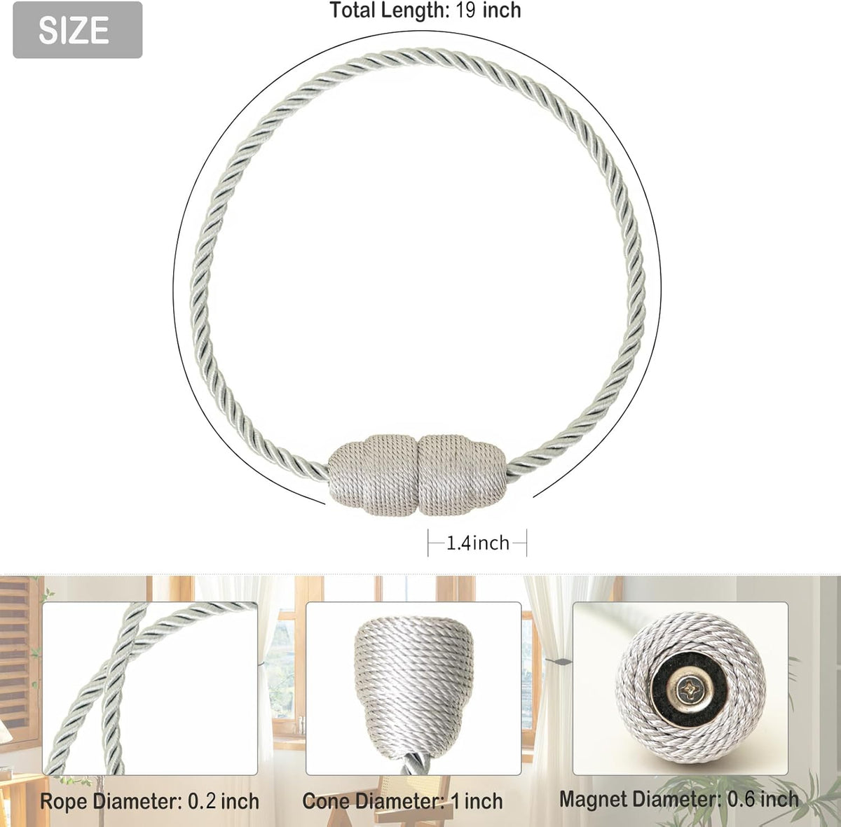 Magnetic Curtain Tiebacks - Rope Tiebacks for Curtains & Drapes, Decorative Window Holdbacks, Grey