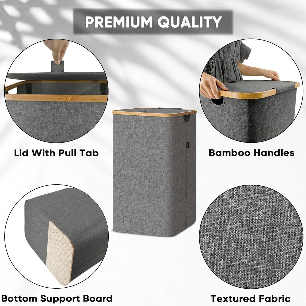 BALEINE Laundry Hamper with Lid, Tall Laundry Baskets with Bamboo Pull Handles, Large Laundry Bin