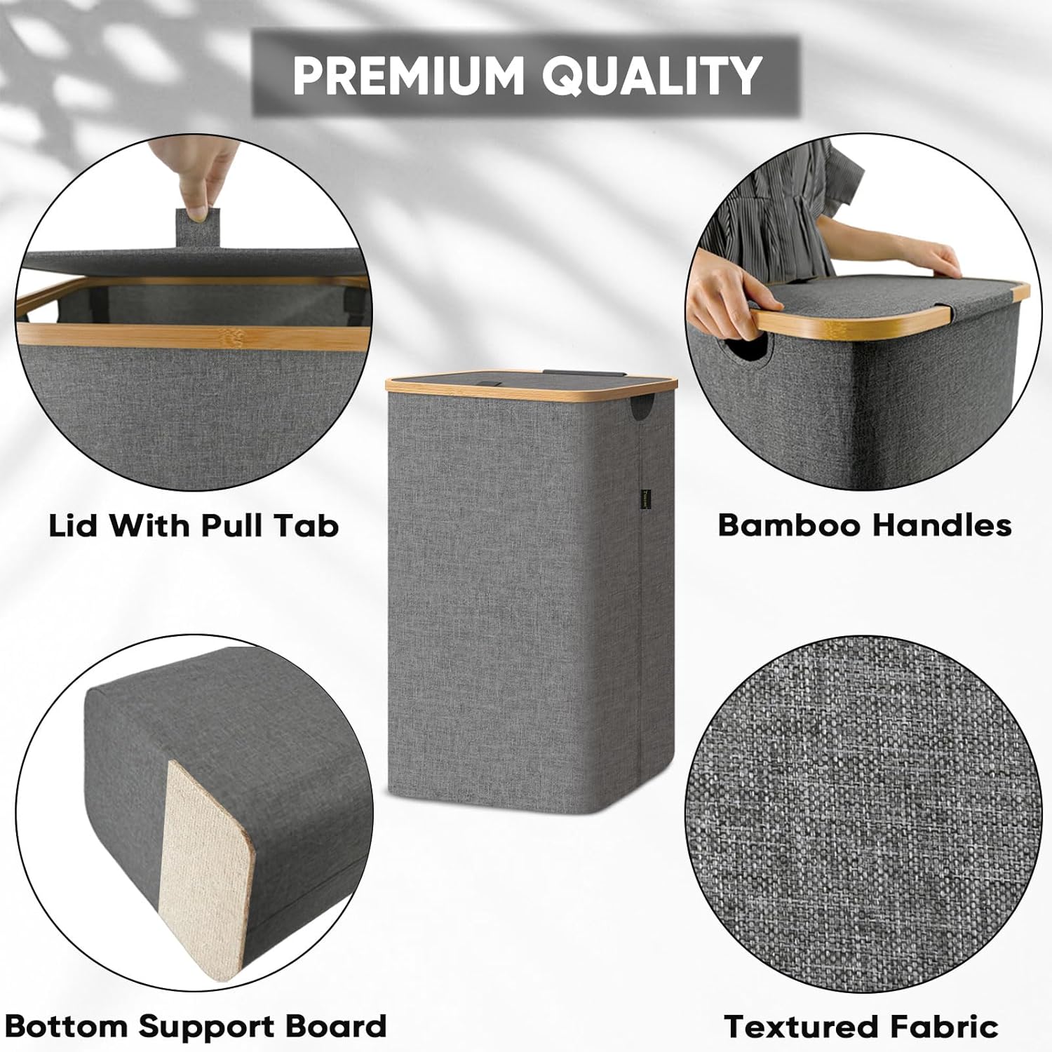BALEINE Laundry Hamper with Lid, Tall Laundry Baskets with Bamboo Pull Handles, Large Laundry Bin