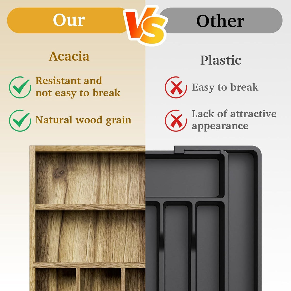 Acacia Wood Silverware Drawer Organizer, Kitchen Utensil Cutlery Drawer Organizer with Grooved
