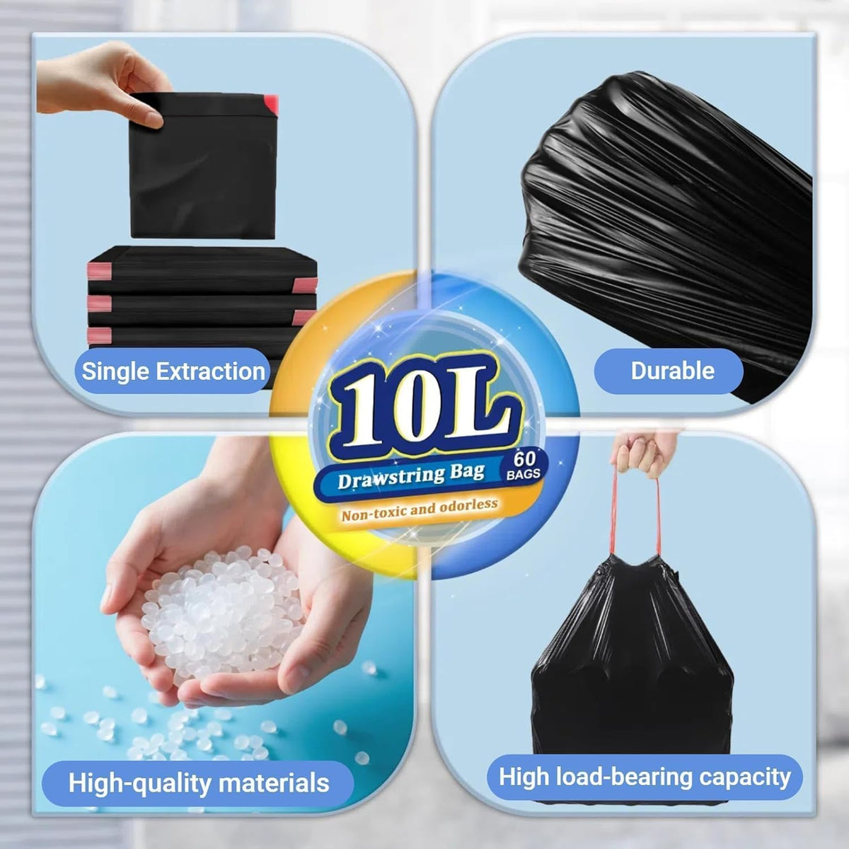 XUXRUS 2.6-3 Gallon Black Bathroom Drawstring Trash Bags - 60 Count Folded Small Garbage Bags