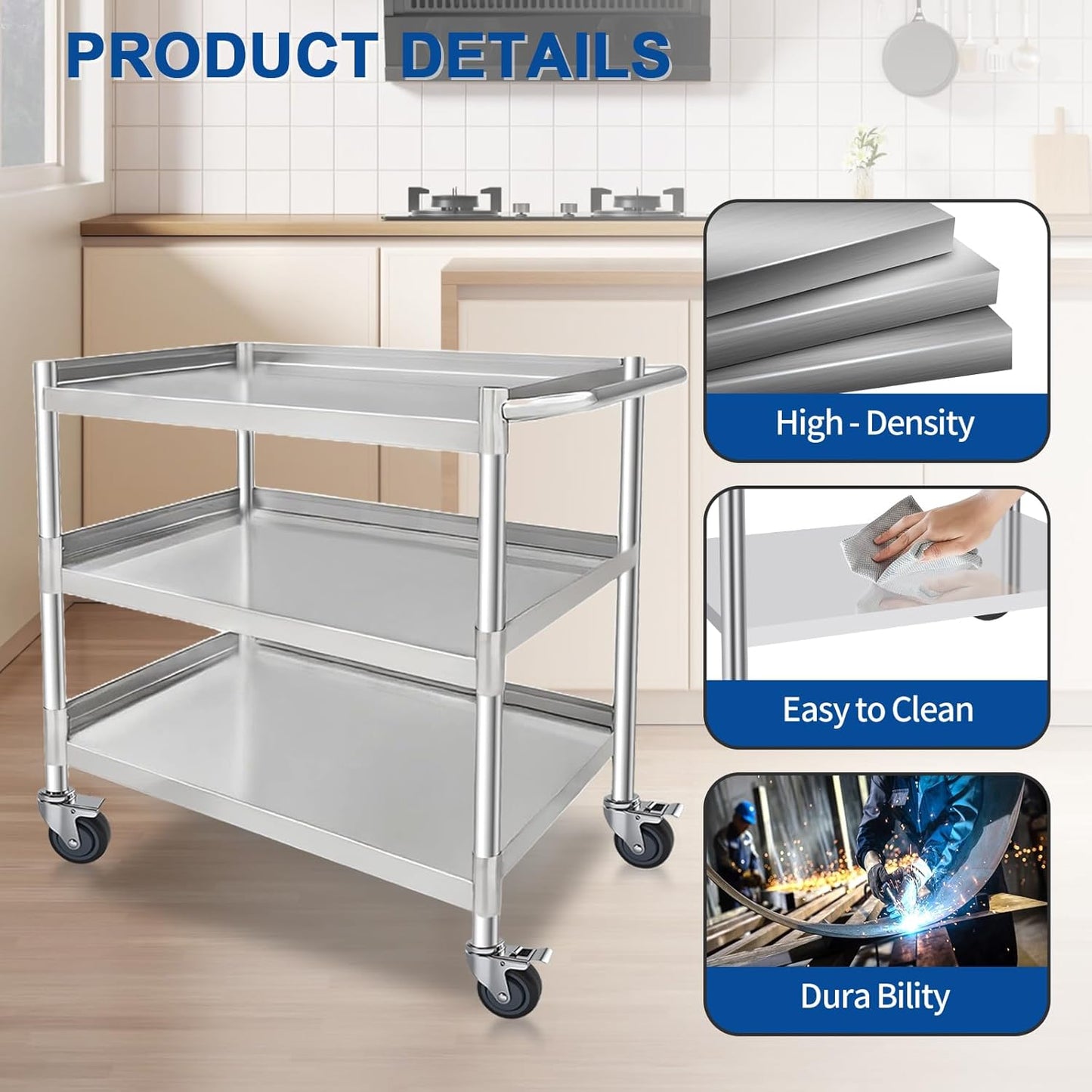 3-Shelf Stainless Steel Rolling Utility Cart - Heavy-Duty Metal Mobile Storage with Handle &