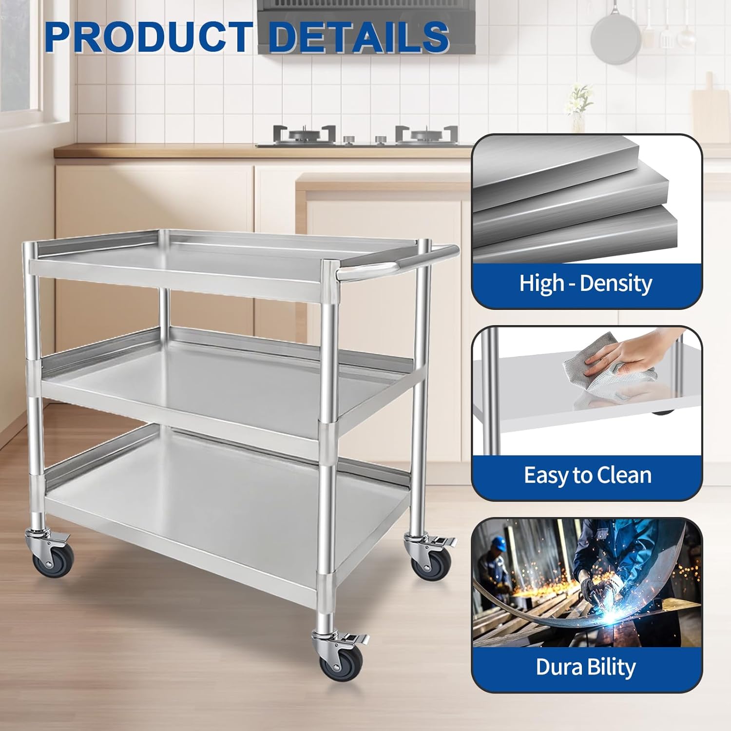 3-Shelf Stainless Steel Rolling Utility Cart - Heavy-Duty Metal Mobile Storage with Handle &