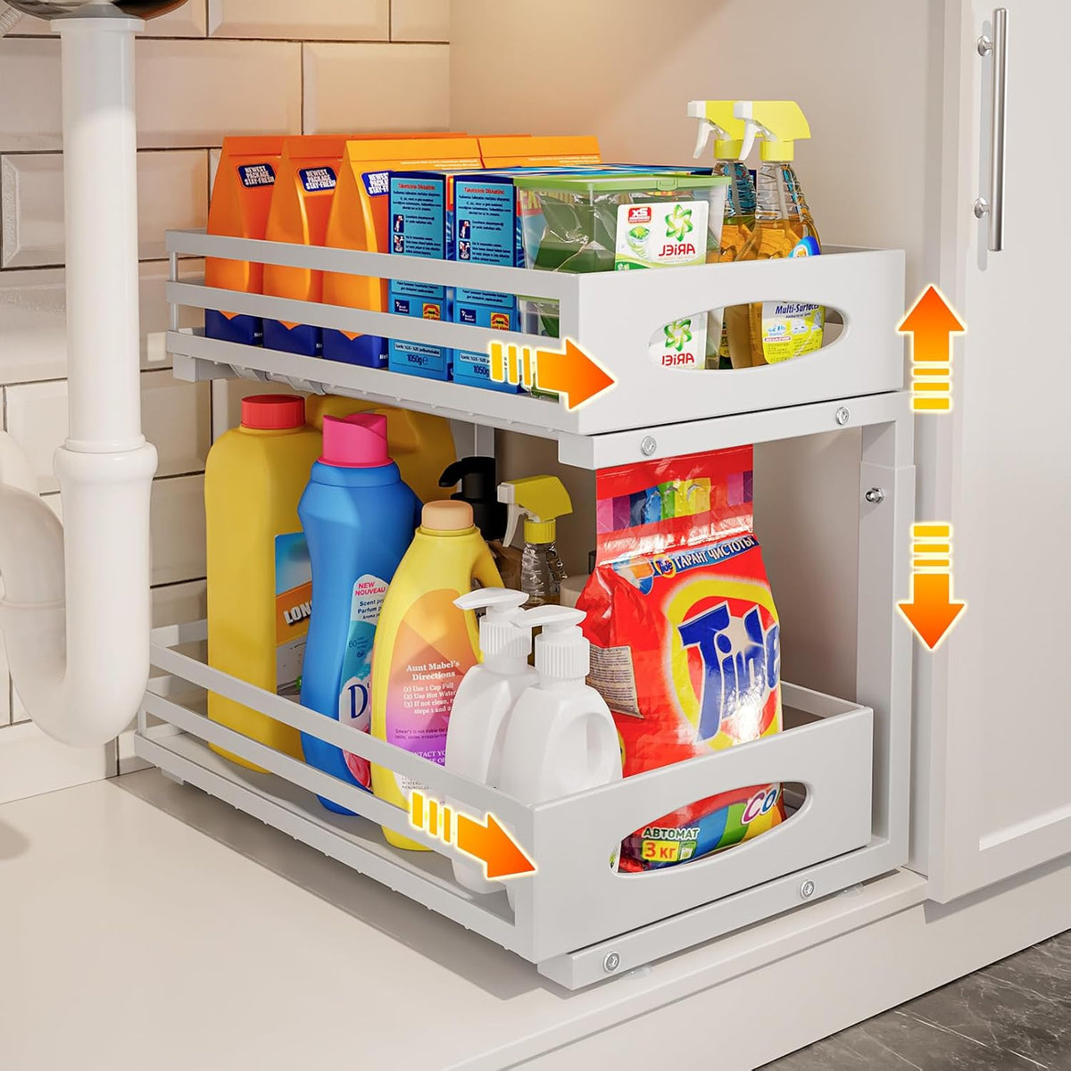 Under Sink Organizer, 2 Tier Under Sink Organizers and Storage, Adjustable Height, Slide Out Metal