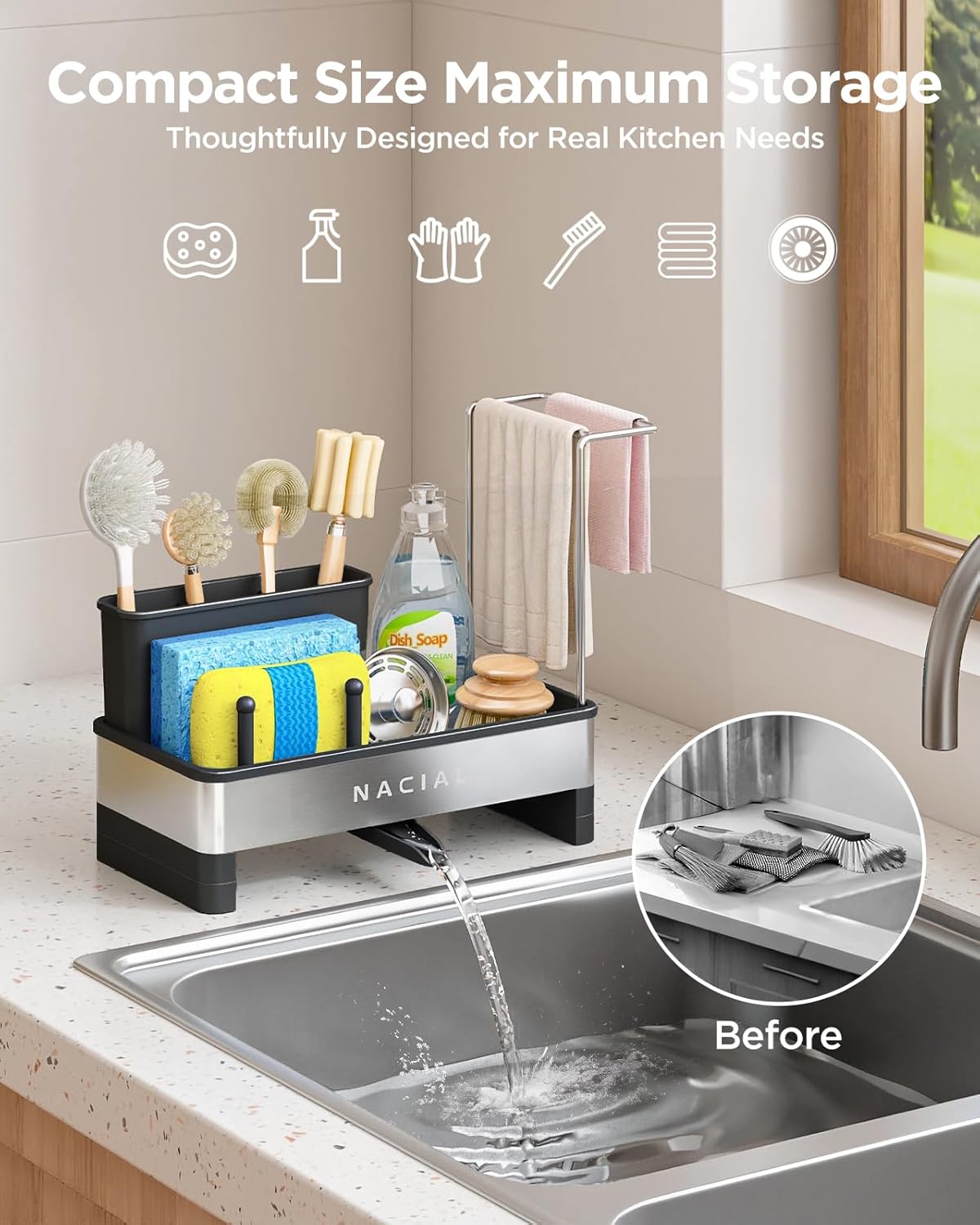 Nacial Kitchen Sink Caddy Organzier with High Brush Holder, Sponge Holder for Kitchen Sink with Two