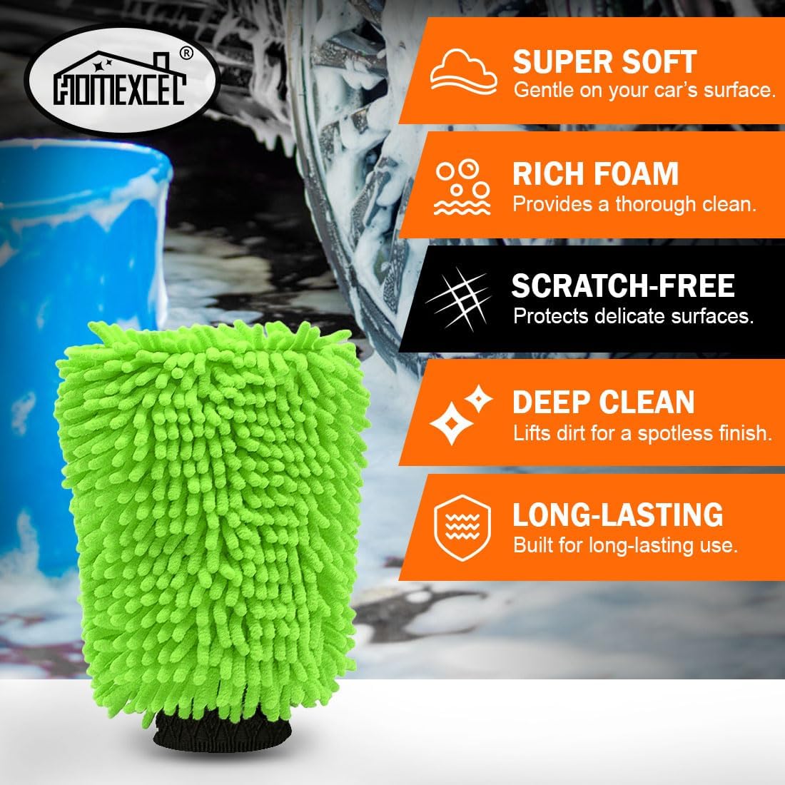 HOMEXCEL Car Wash Mitt, 2PK Chenille Microfiber Wash Mitt, Scratch-Free & Lint-Free, Rich Foam