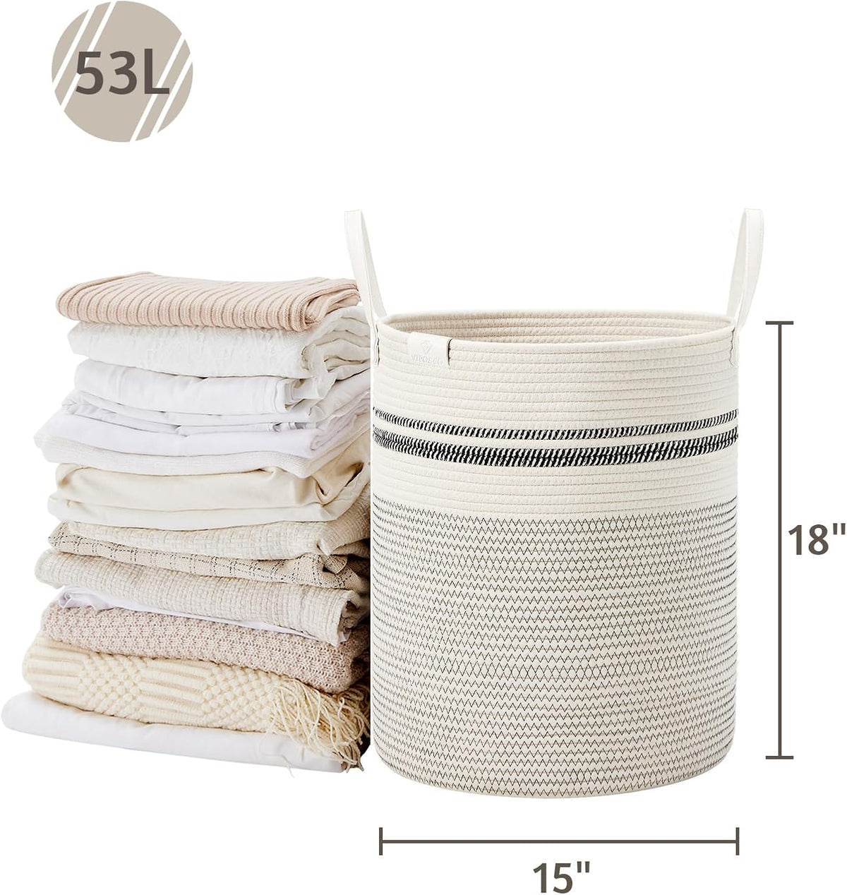 VIPOSCO Tall Laundry Basket, Large Dirty Clothes Hamper with Leather Handle, Woven Rope Storage