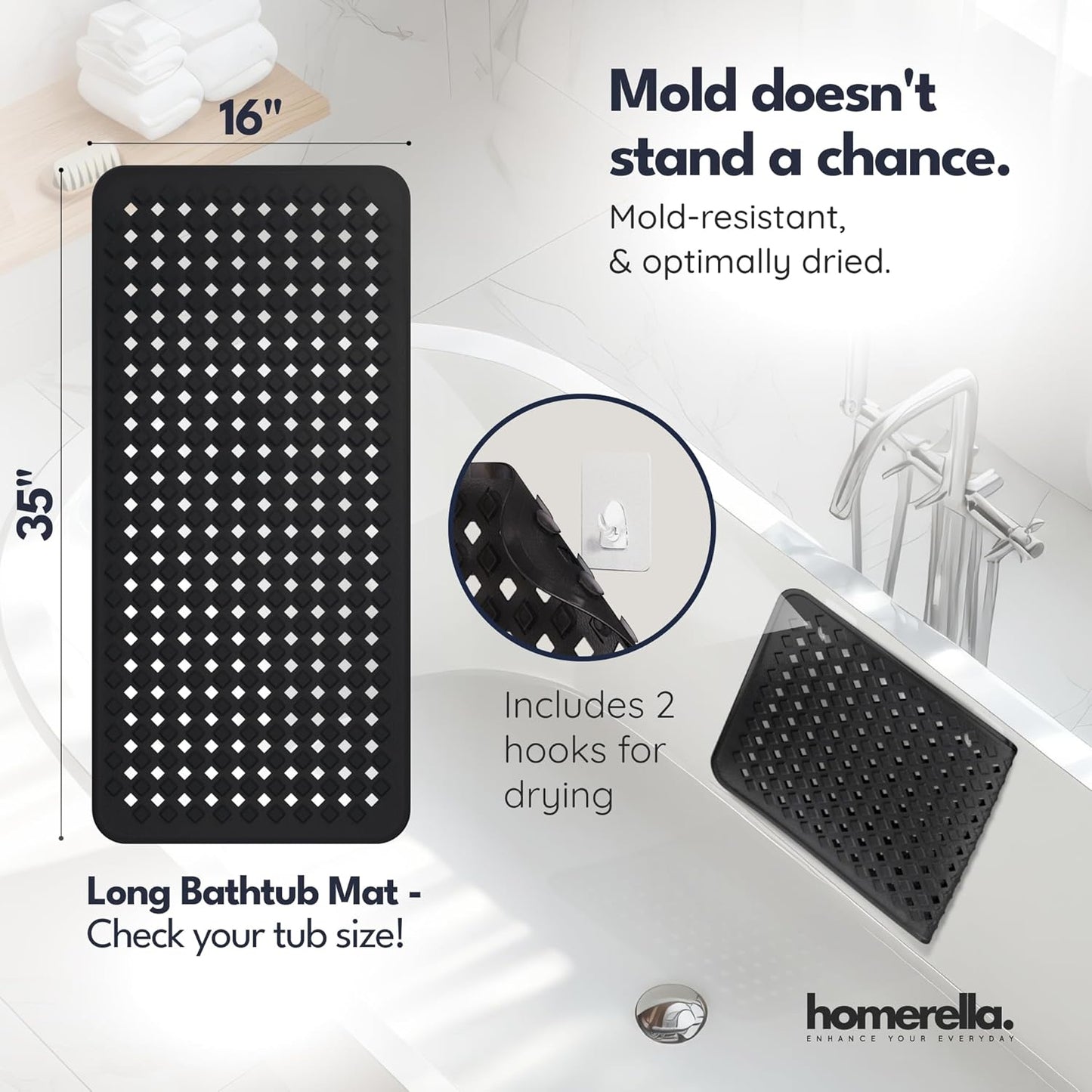 homerella® Bathtub Mat Non Slip 35x16, Incl. Hooks for Drying, Extra Long, 100% BPA Free, Shower