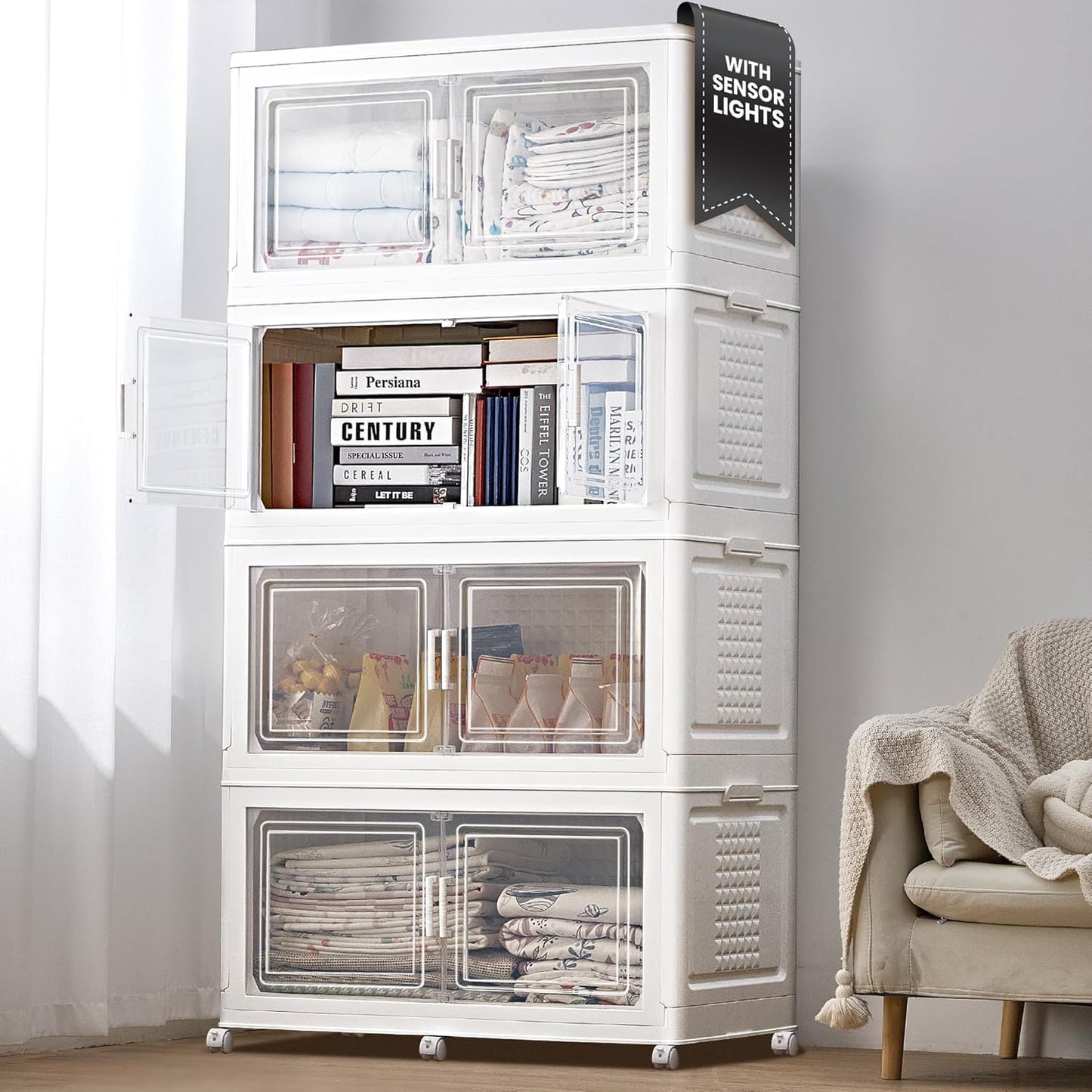 752QT/188Gal 4 Stackable Storage Bins with Lid and 8 doors, Motion Sensor Lights in Cabinets, Large