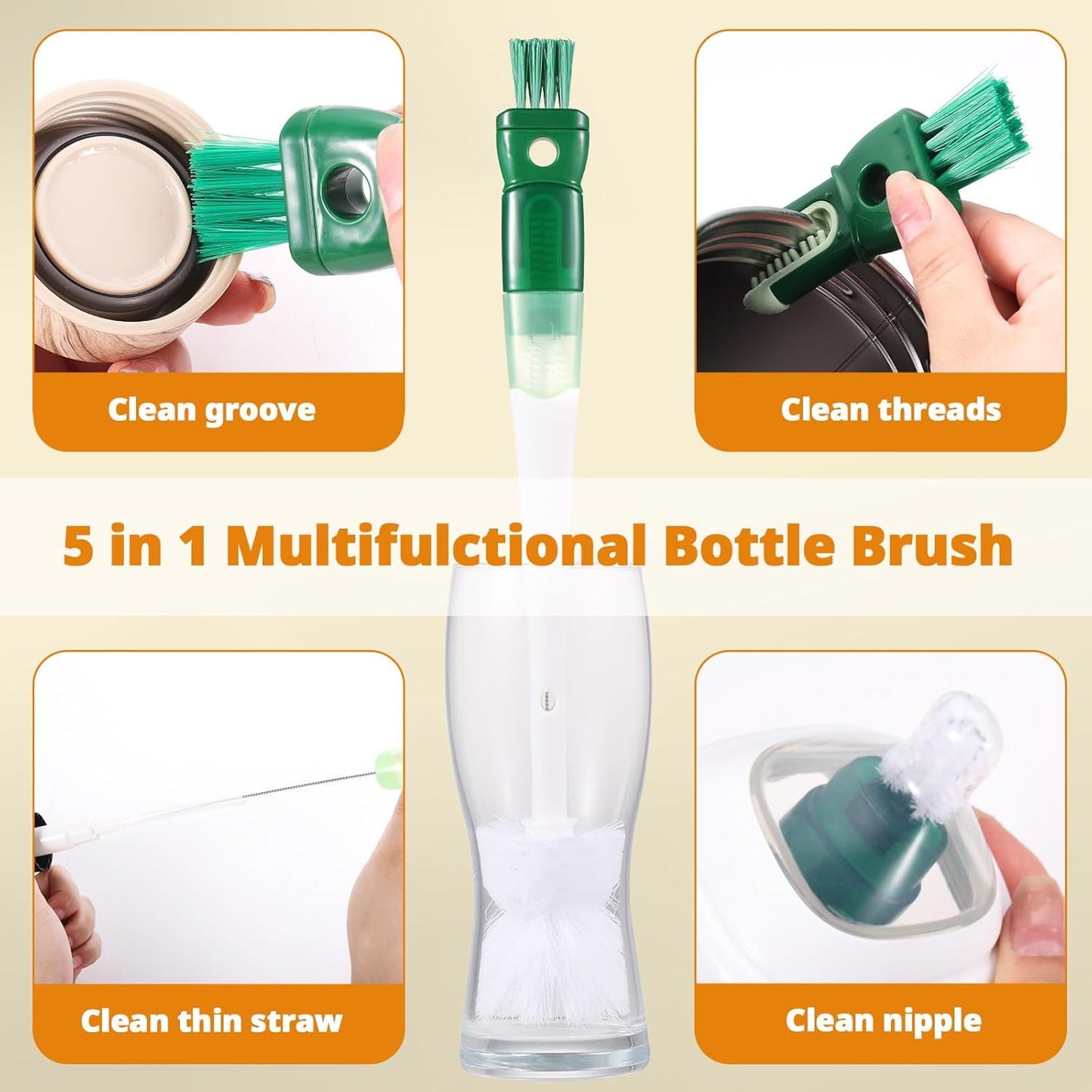 OUTXE 5 Pack Bottle Brush Set, 5-in-1 Water Bottle Cleaner Brush, 15"" Long Handle Bottle Cleaning
