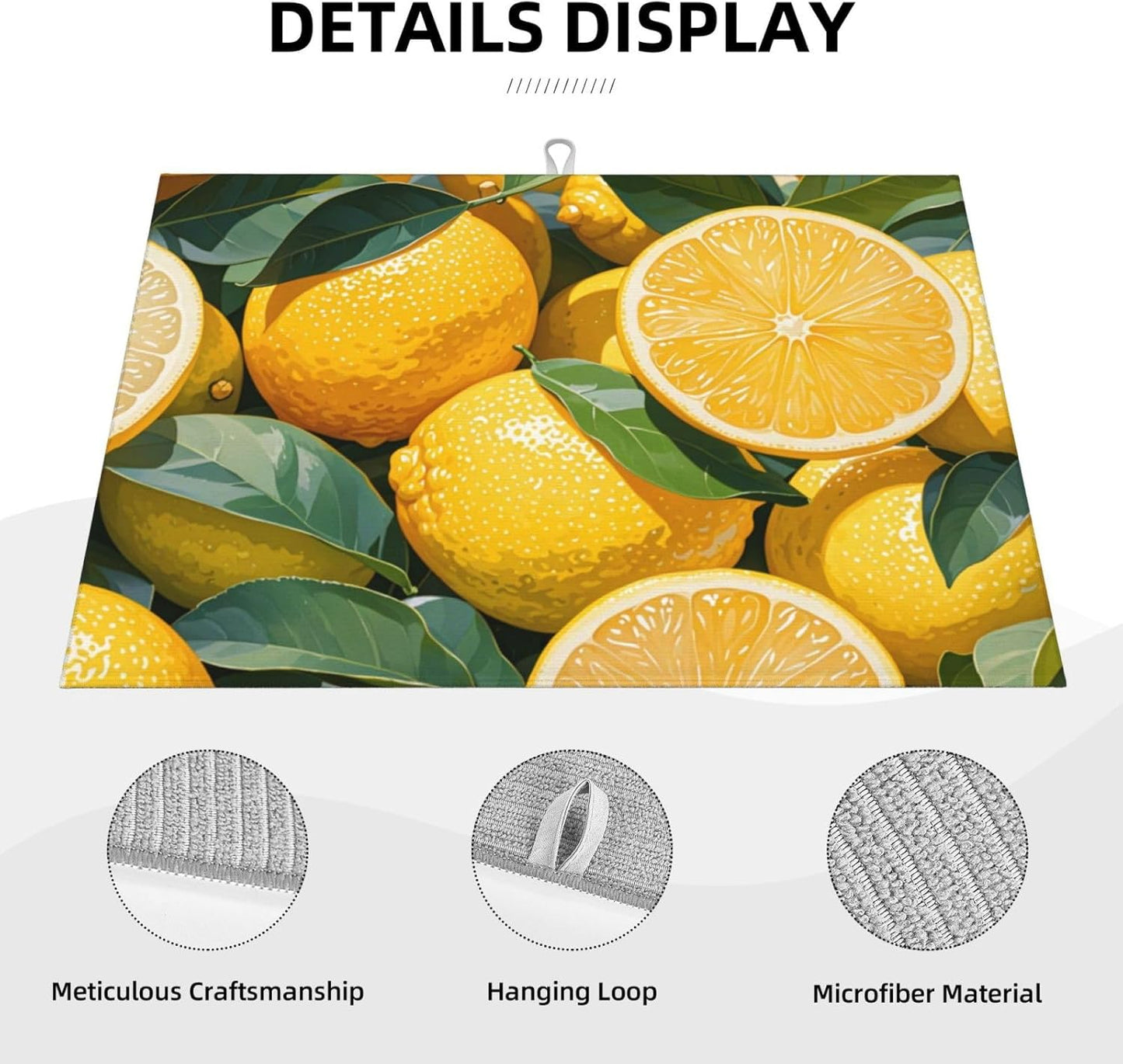 lemon Dish Drying Mat Highly Absorbent Double-Sided Microfiber with Hanging Loop Reversible Drain