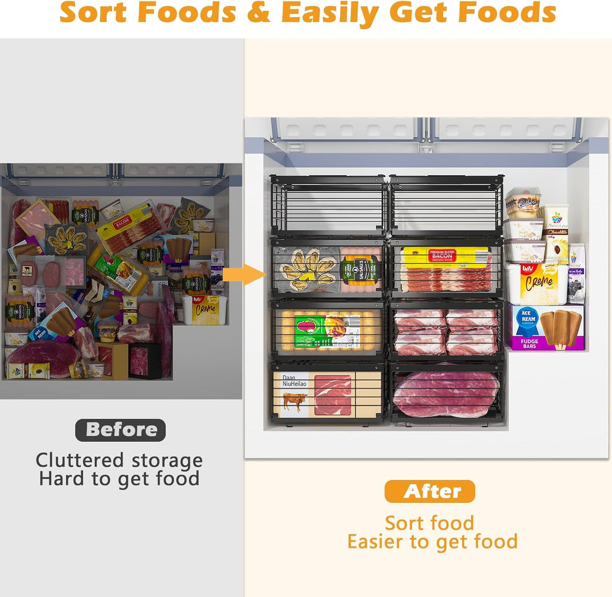 NADAMOO Freezer Organizer Bins, 2 Packs Large Expandable Stackable Chest Freezer Containers with