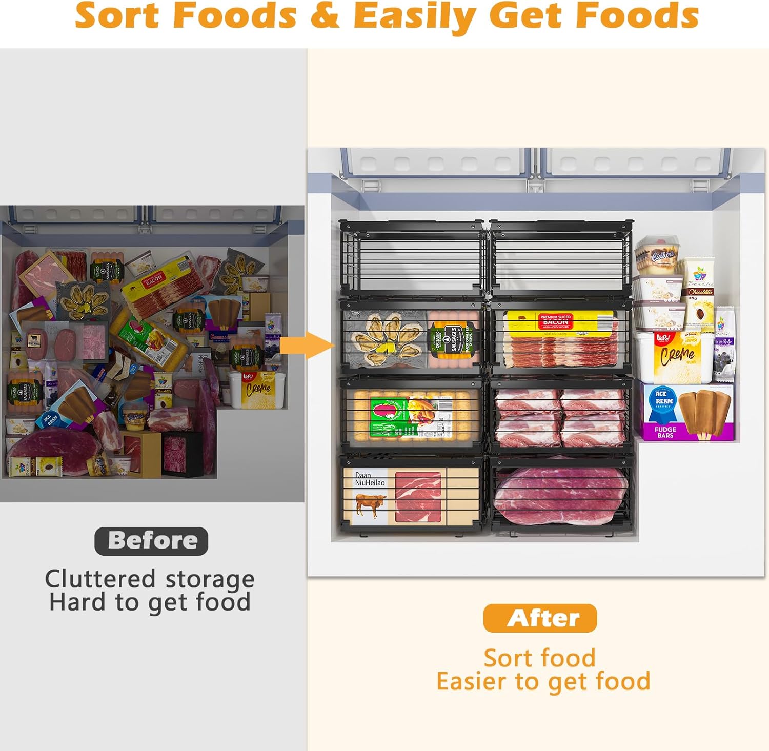 NADAMOO Freezer Organizer Bins, 3 Packs Large Expandable Stackable Chest Freezer Containers with
