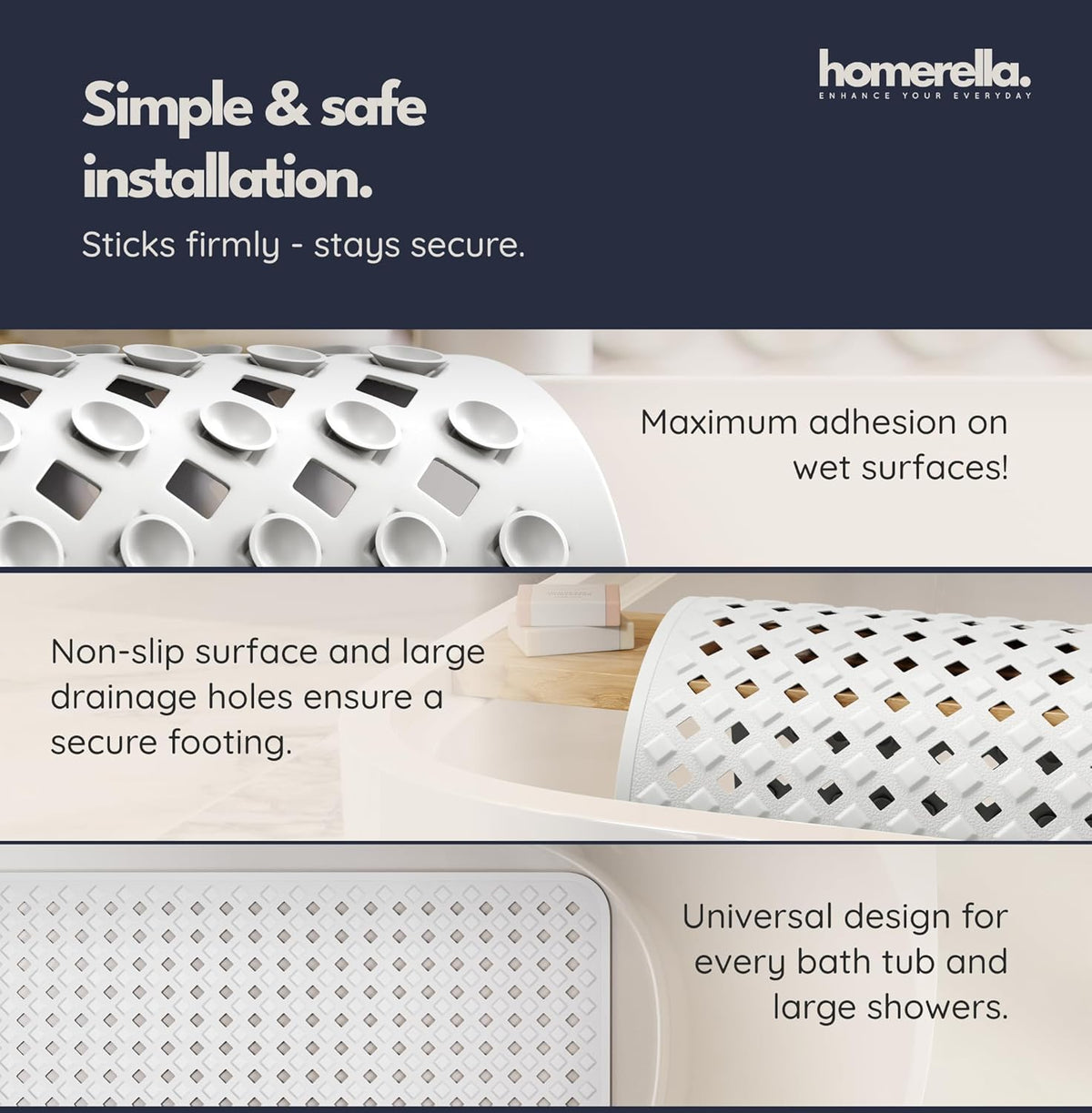 homerella® Bathtub Mat Non Slip 35x16, Incl. Hooks for Drying, Extra Long, 100% BPA Free, Shower