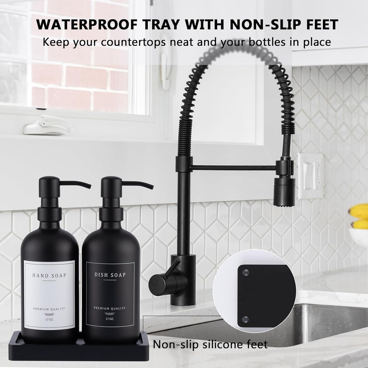 Black Thick Glass Soap Dispenser - Farmhouse Kitchen Dish &Hand Soap Dispenser Set, 304 Rustproof