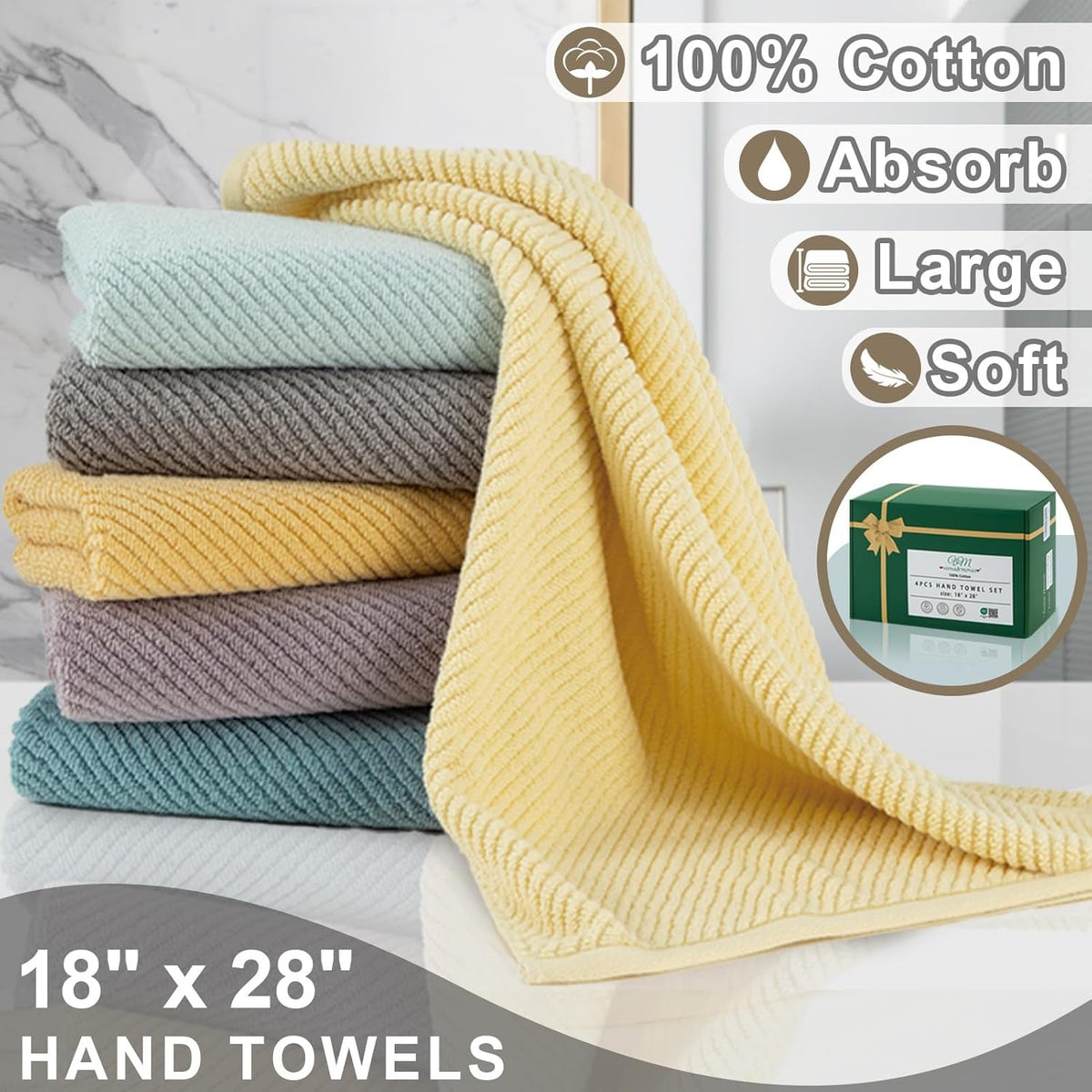 Beige Hand Towels, Hand Towels for Bathroom Set of 4, Large 18"x 28" - 100% Cotton | Lightweight |