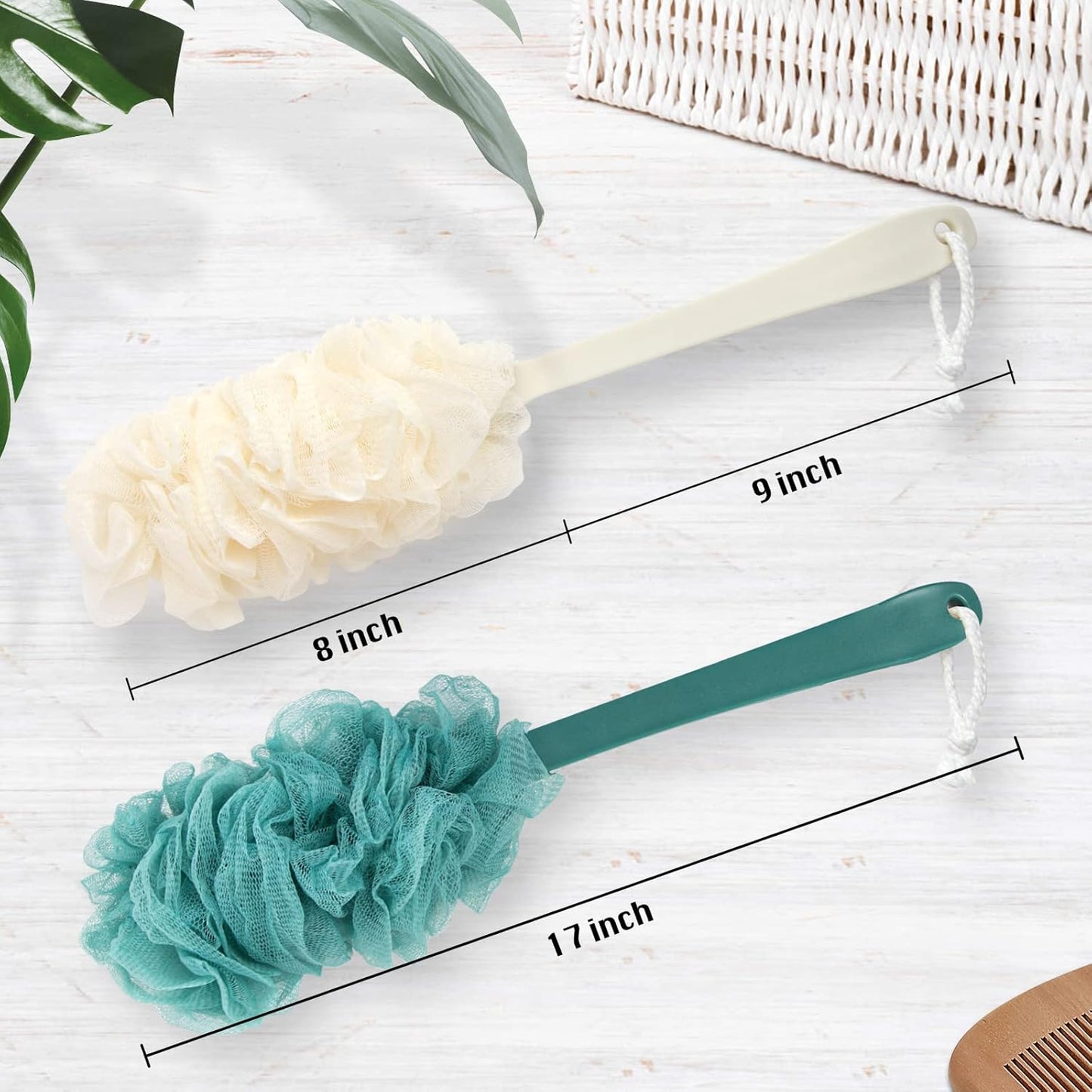 2Pack Back Scrubber for Shower，PIPUHA Loofah Sponge Shower Brush Using Body Exfoliating with Long