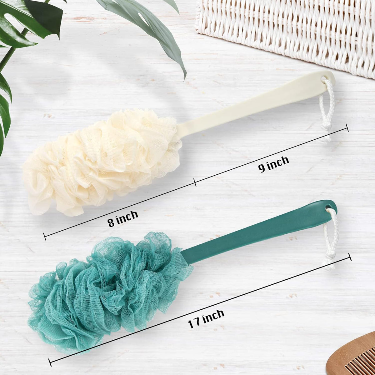 2Pack Back Scrubber for Shower，PIPUHA Loofah Sponge Shower Brush Using Body Exfoliating with Long