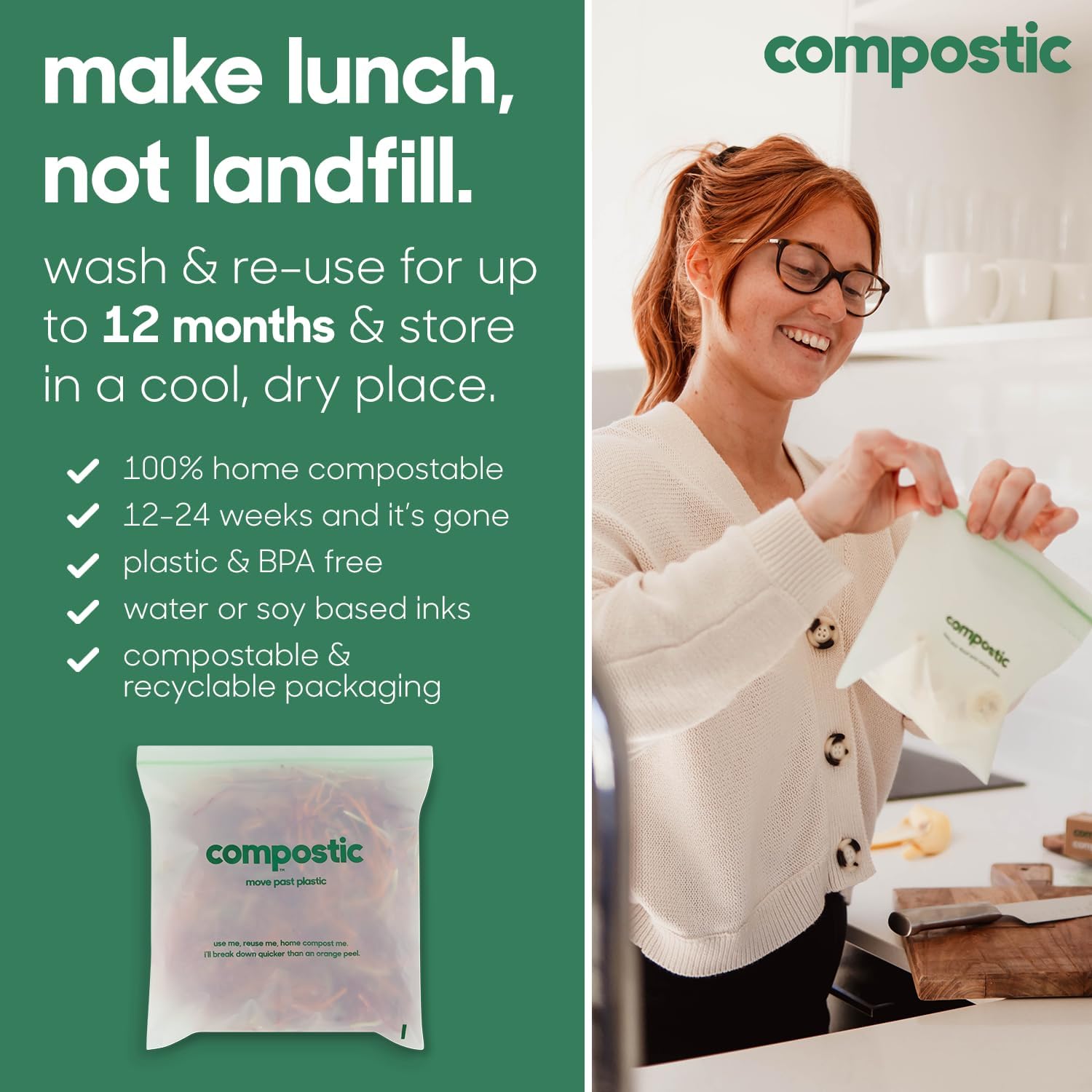 Compostic Home Compostable Resealable Snack Bags (6"x 3.5"), Microwave & Freezer Safe, Organic Food