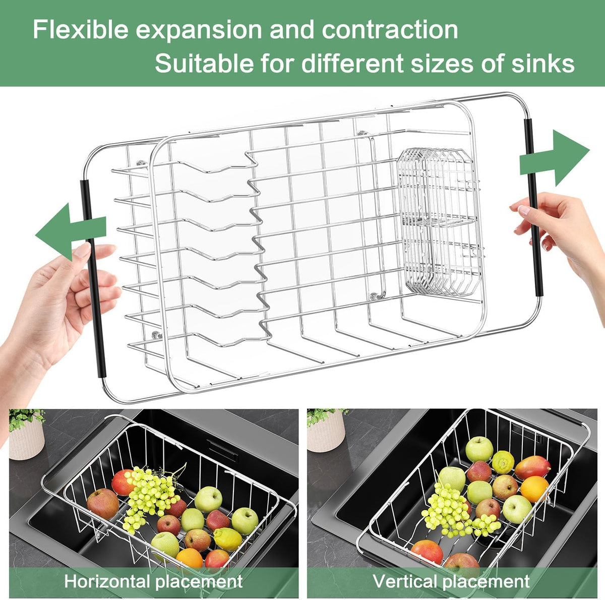 Dish Drainer Rack in Sink Adjustable, Expandable 304 Stainless Steel Metal Dish Drying Rack
