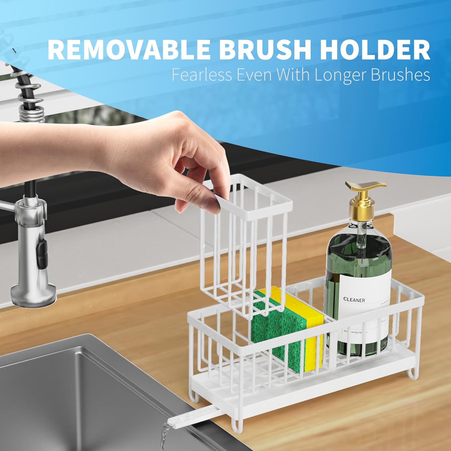 Cisily White Sponge Holder for Kitchen Sink, Sink Caddy Organizer with High Brush Holder, Kitchen