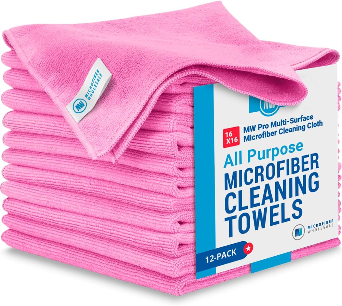 MW Pro Microfiber Cleaning Cloth | Pink | 12 Pack | 16” x 16” | All Purpose Microfiber Towels