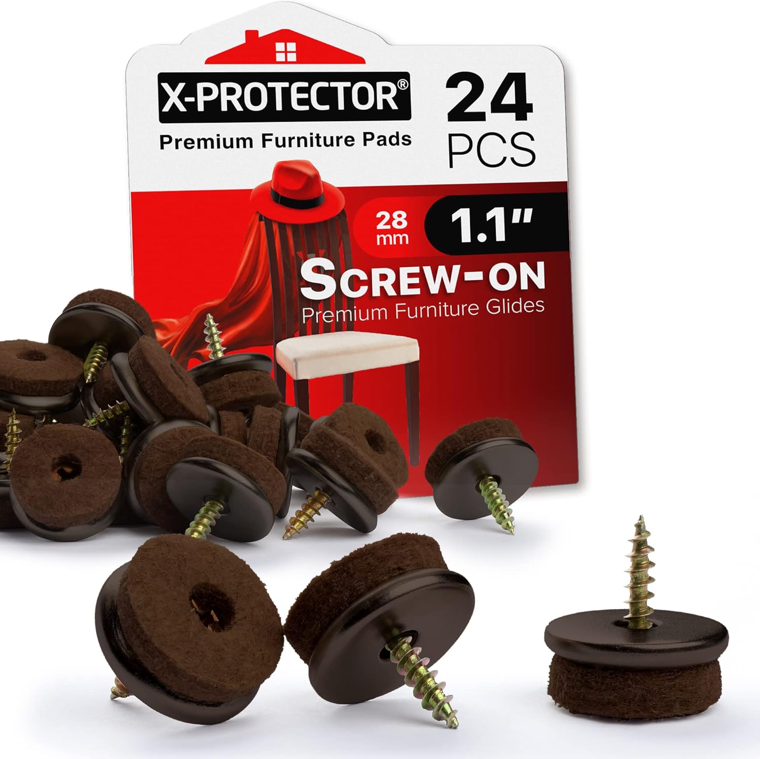 Screw-On Felt Furniture Pads X-Protector 24 PCS - 1.1” Chair Leg Floor Protectors for Hardwood