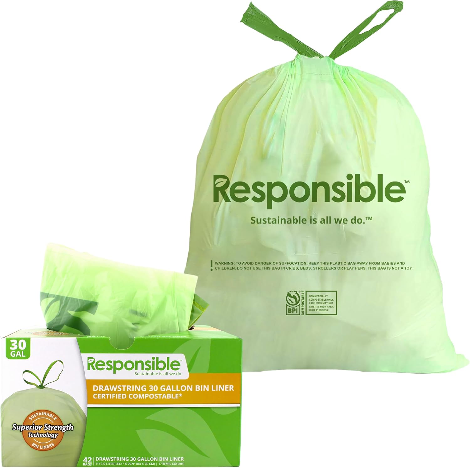 Responsible Products Kitchen Bin Liners, Certified Compostable, Heavy Duty Multipurpose Food Scrap