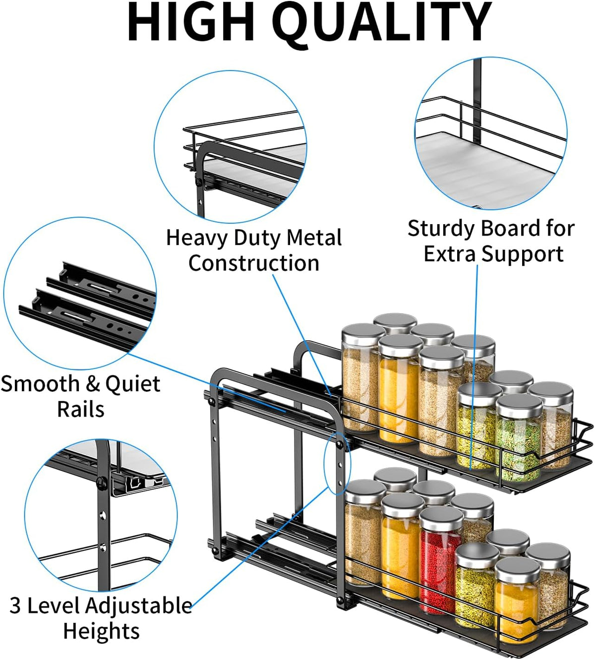 RCHYFEED Spice Organization for Cabinet, 2 Tier Pull Out Spice Rack for Seasoning Organizer, Height