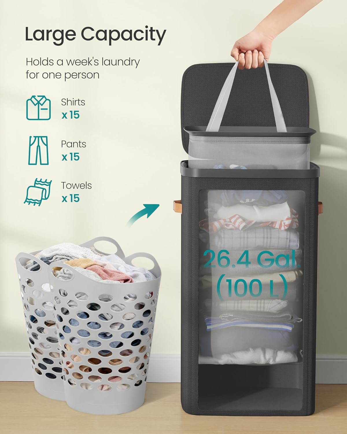 SONGMICS Laundry Basket, 26.4 Gal. Laundry Hamper, Easy Assembly, with Lid and Handles, Removable