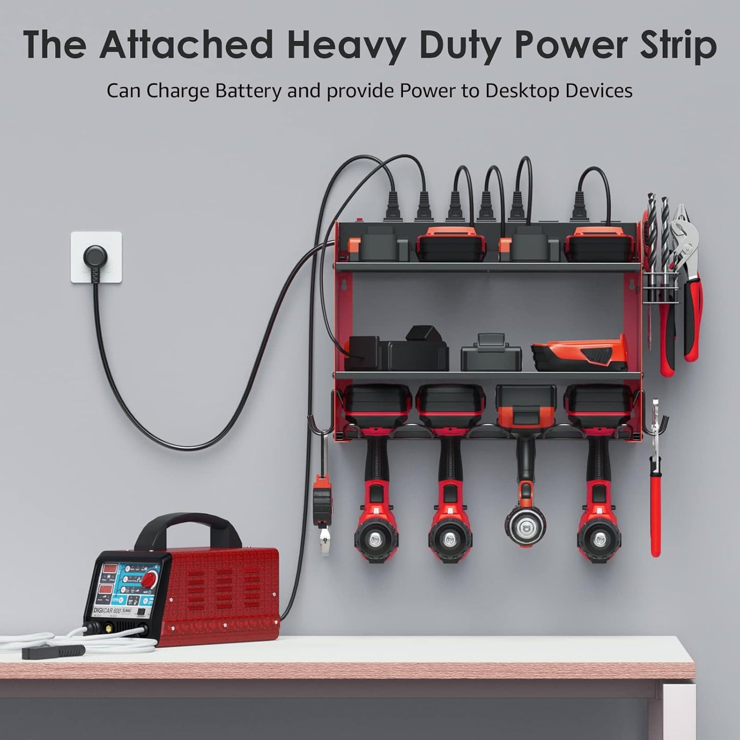 CCCEI Modular Power Tool Organizer Wall Mount with Charging Station. Garage 4 Drill Storage Shelf