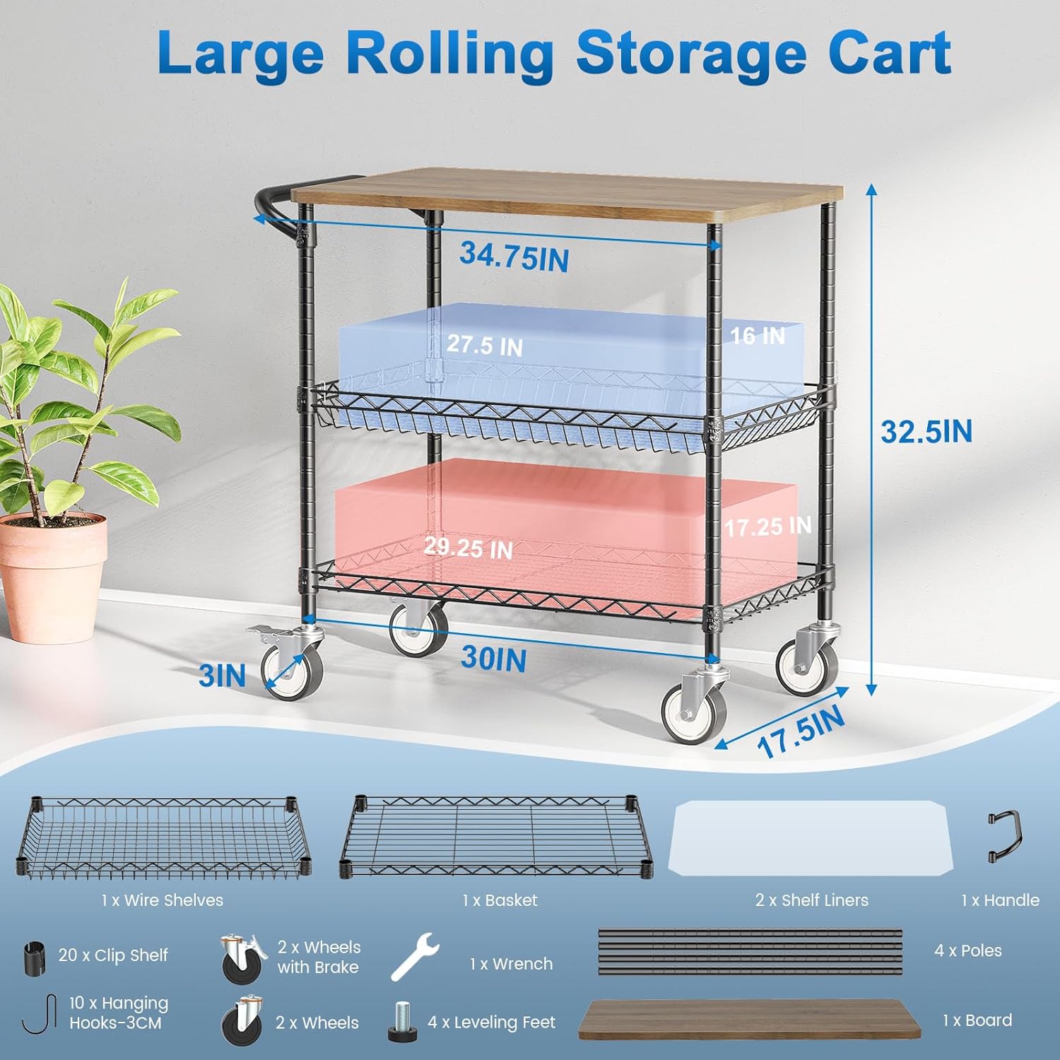 Leteuke Rolling Kitchen Carts with Wheels, 34" L x 17.5" W, 3-Tier Heavy Duty Utility Cart with