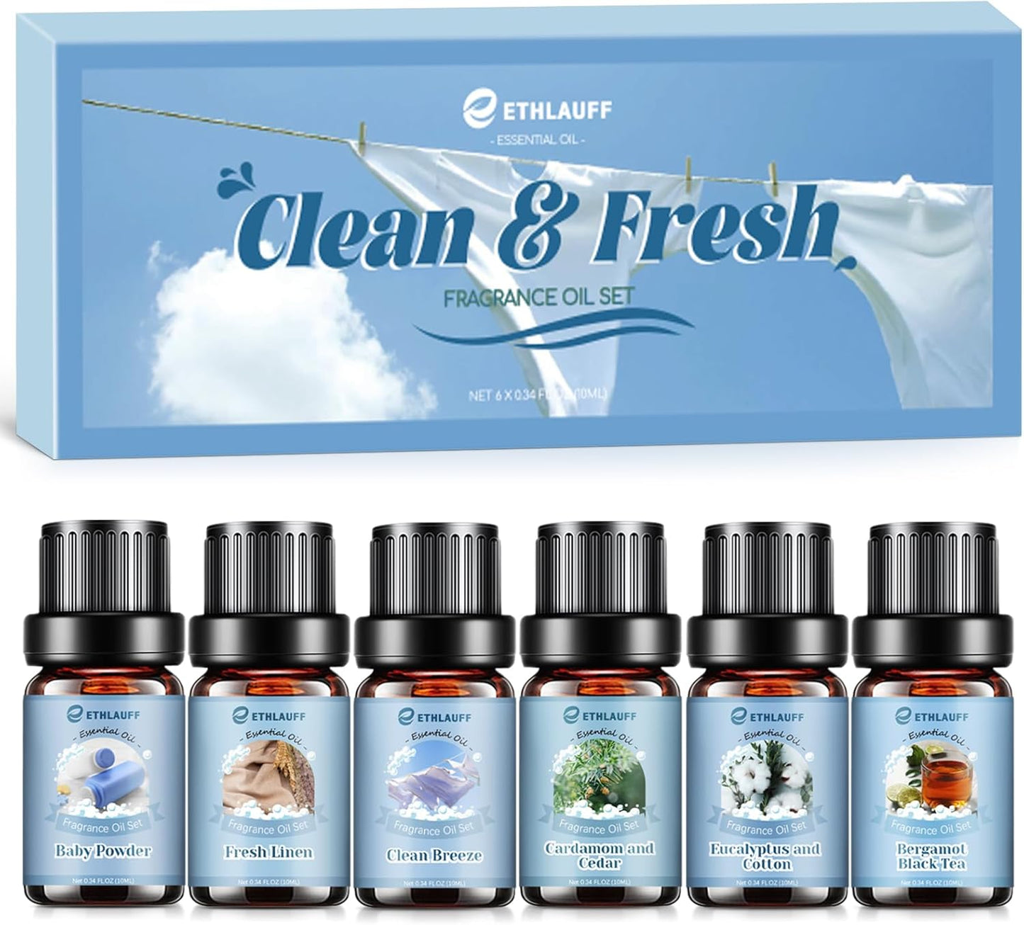 Clean Essential Oils Set, Laundry Collection Essential Oils Set, Pack of 6 Fragrance Oil for
