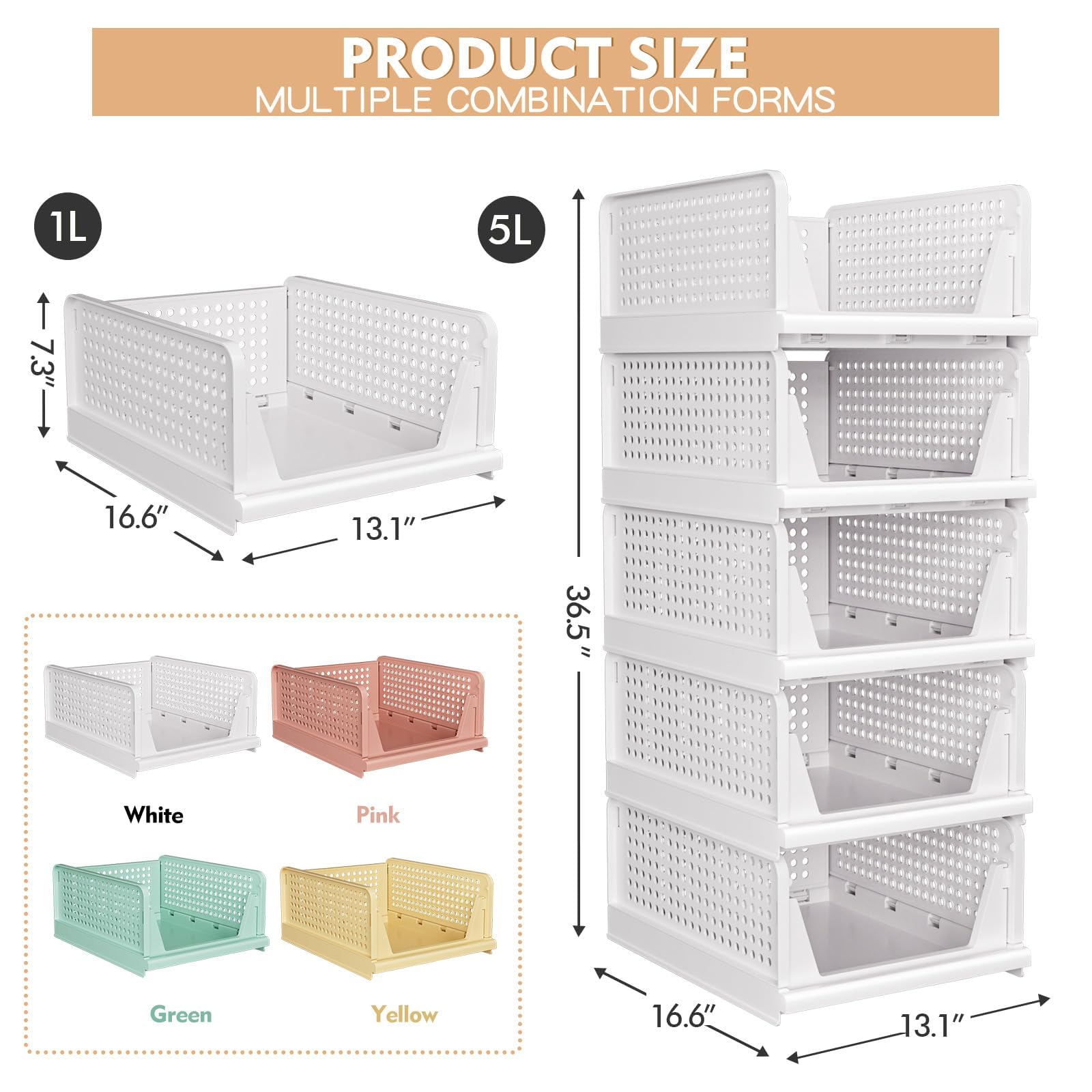 caktraie 5 Pack Stackable Closet Storage Basket - Stackable Storage Bins