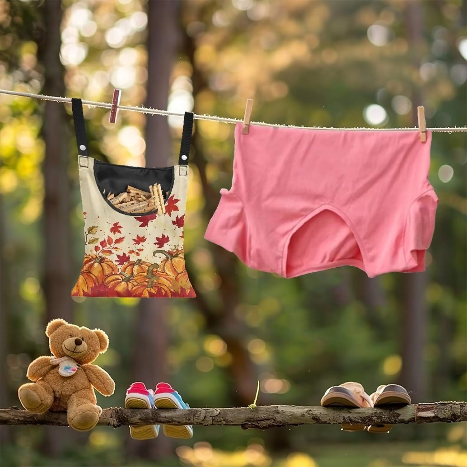 Maple Leaf Clothespin Bag Thanksgiving Pumpkin Hanging Storage Organizer Clothes Pin Bag Waterproof