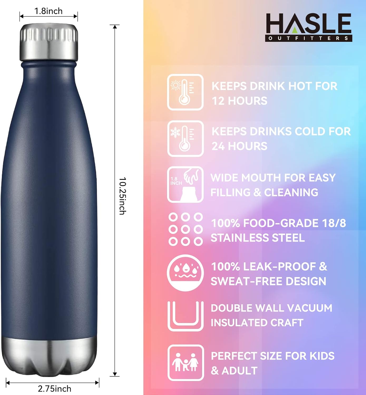 HASLE OUTFITTERS 17oz Stainless Steel Water Bottles, Vacuum Insulated Water Bottles Double Walled