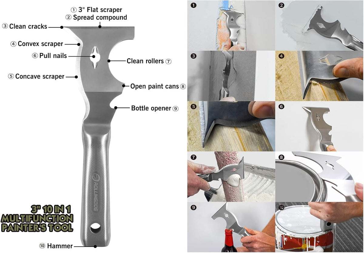 ROLLINGDOG 10 in 1 Painter's Tool - Stainless Steel Mirror Polished One Piece Blade And Laser