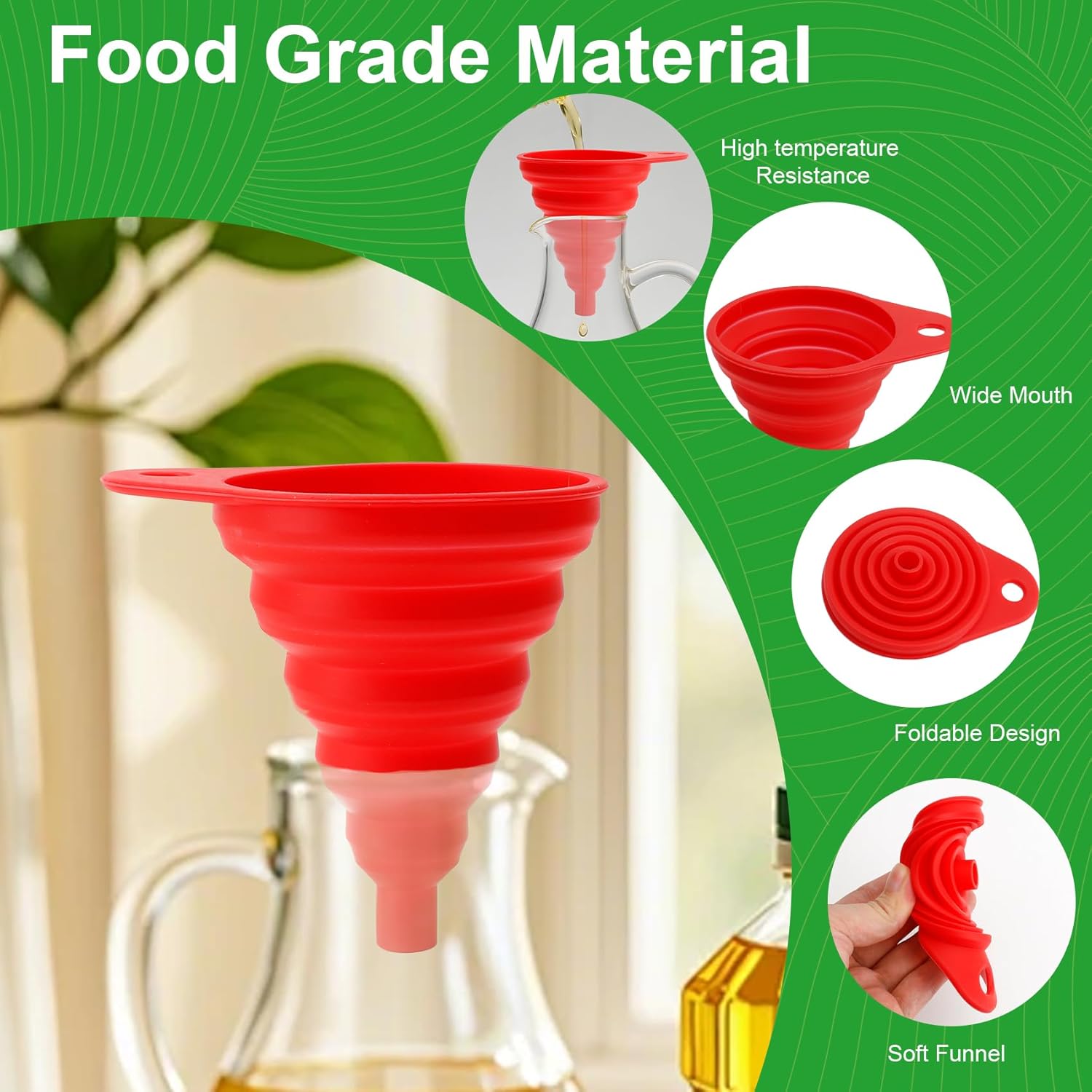 Kitchen Funnel Set of 6, Food Grade Foldable Small and Large Funnel Colorful Silicone Collapsible