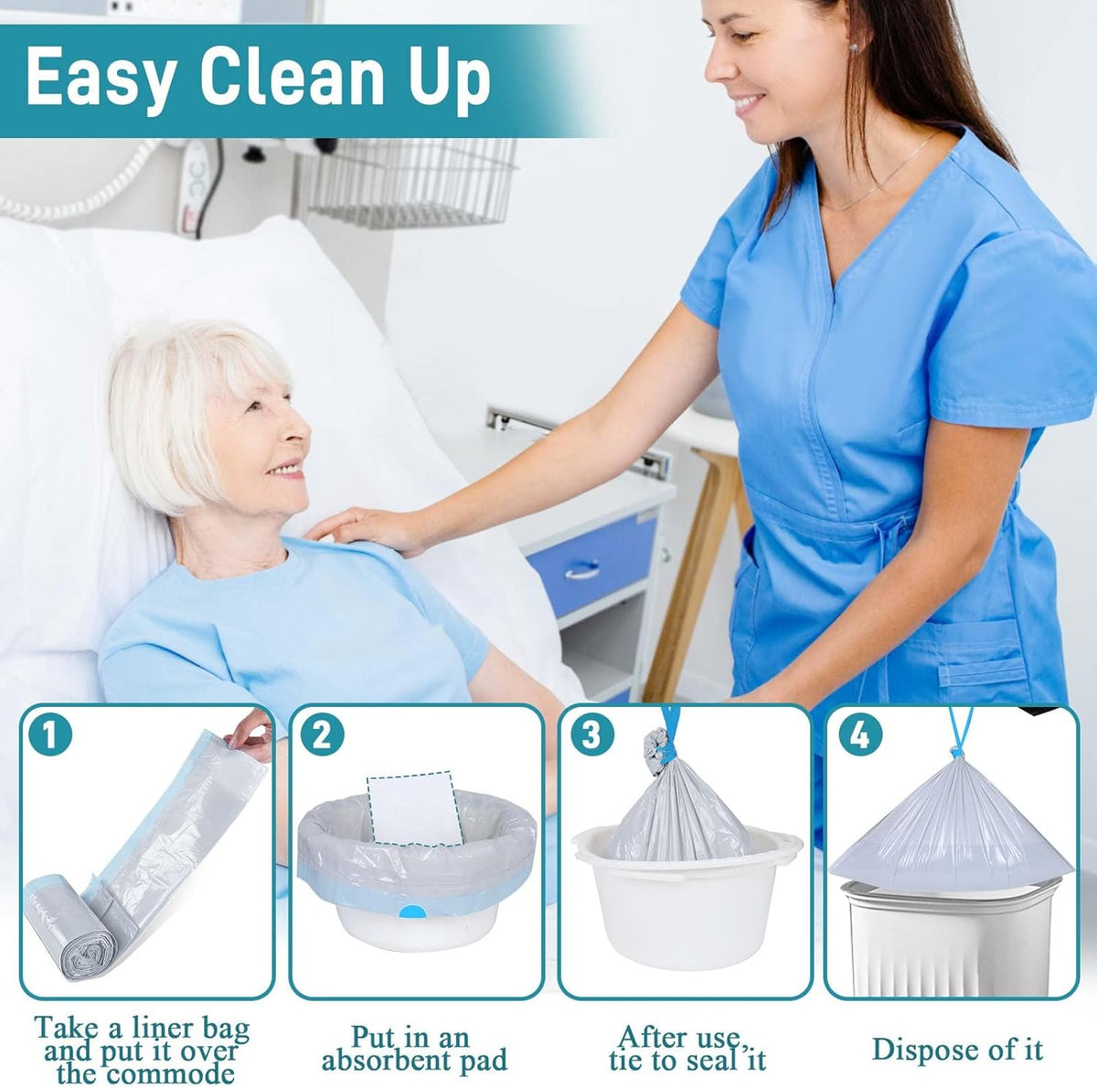 Commode Liners with Absorbent Pads- 100 Commode Bags+ 100 Commode Pads, Extra Thicken Commode