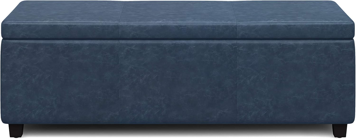 SIMPLIHOME Avalon 48 inch Wide Contemporary Rectangle Storage Ottoman Bench in Denim Blue Vegan