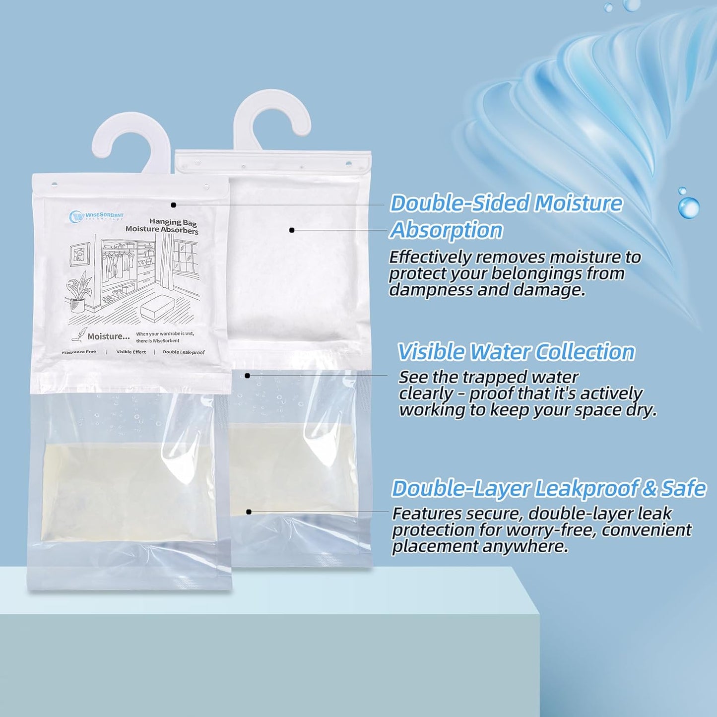 500 Gram Moisture Absorber Hanging Bags 3 Pack - 17.6 oz Fragrance-Free Large Dehumidifier for