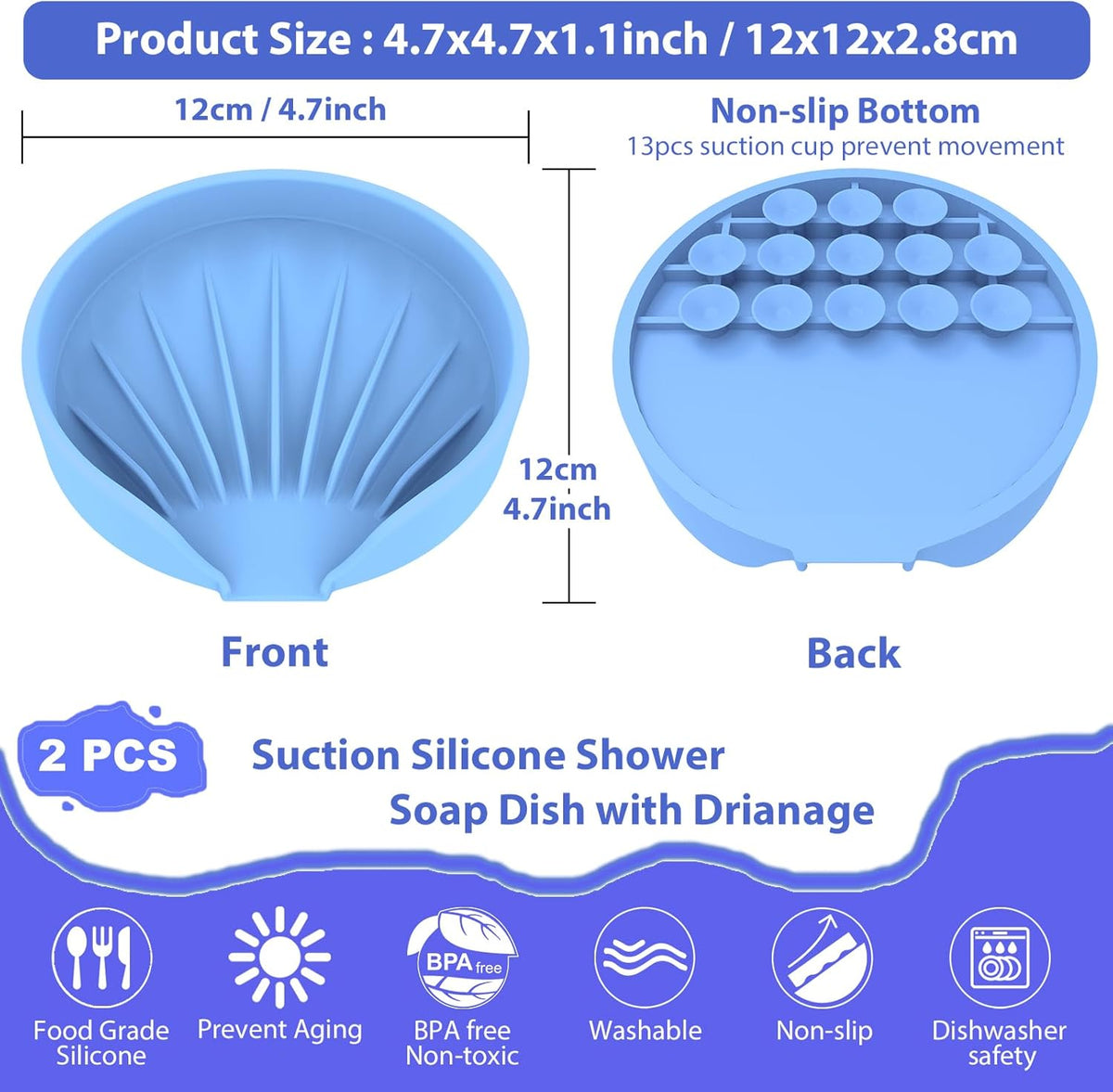 Self Draining Soap Dish, Silicone Suction Cup Soap Holder Tray Savers Container Sponge Holder for