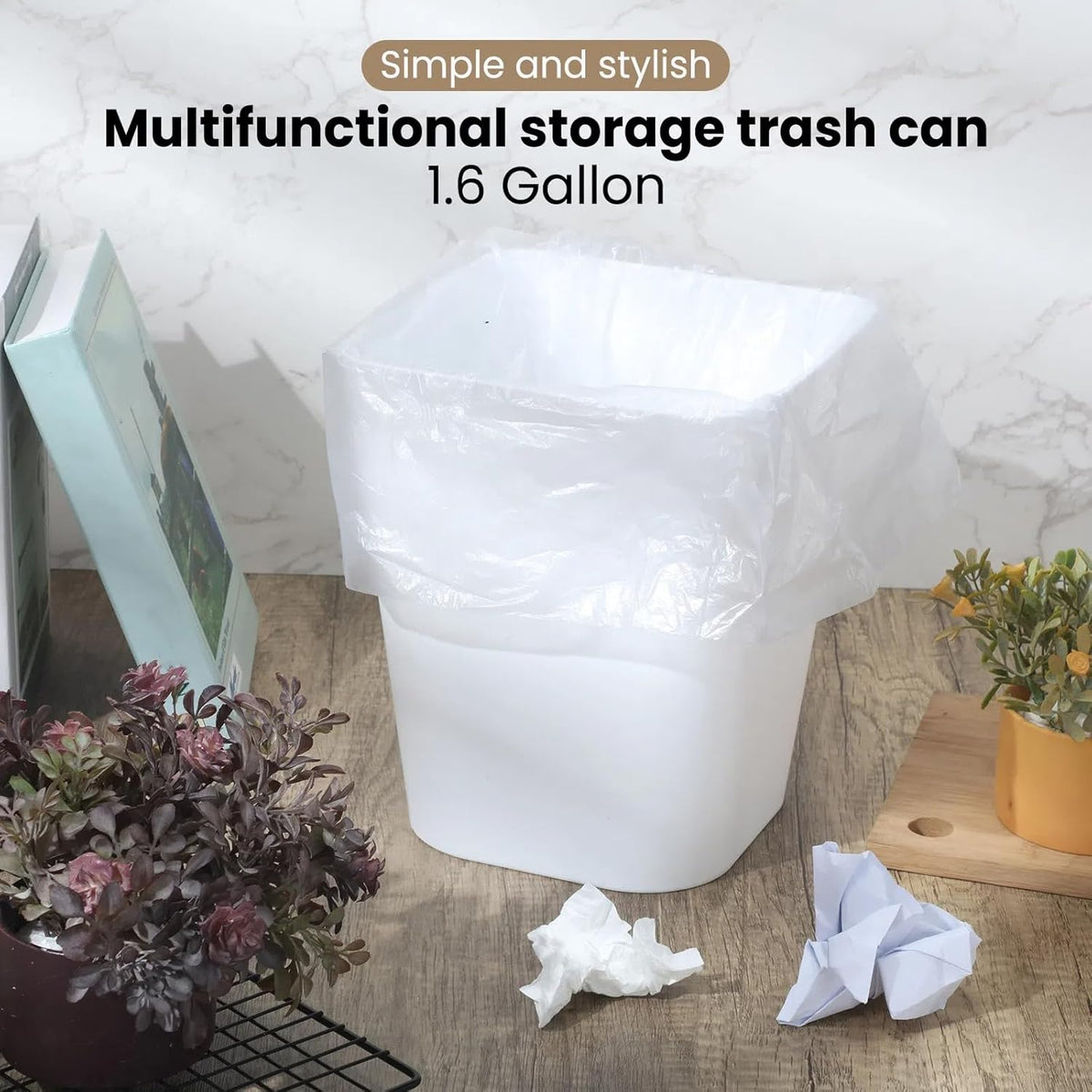 Eccliy 6 Pack Plastic Trash Can with 3 Rolls of Trash Bags Small Wastebasket Garbage Bin Container