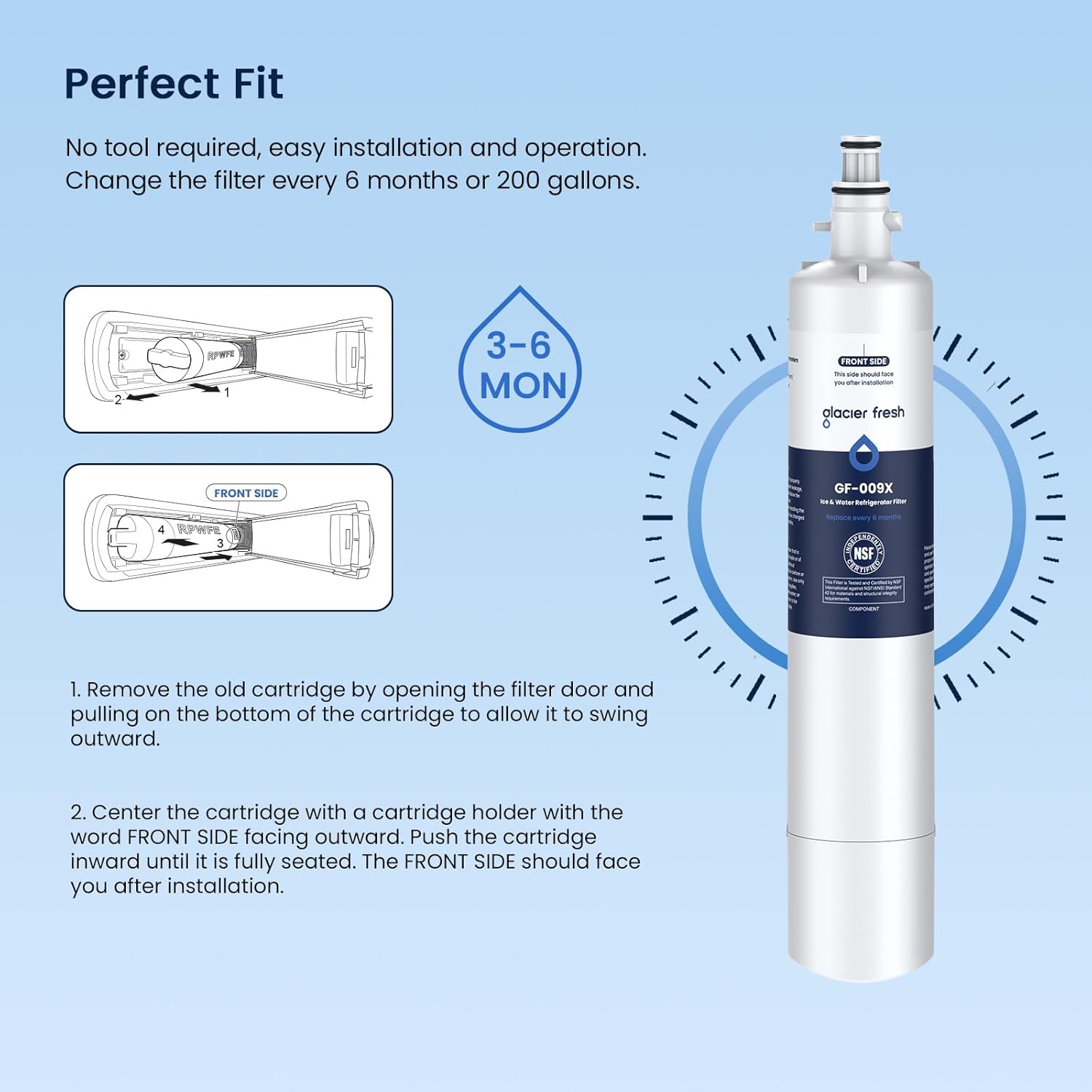 GLACIER FRESH Replacement for RPWFE, RPWF (Built-in CHIP) Refrigerator Water Filter, Compatible