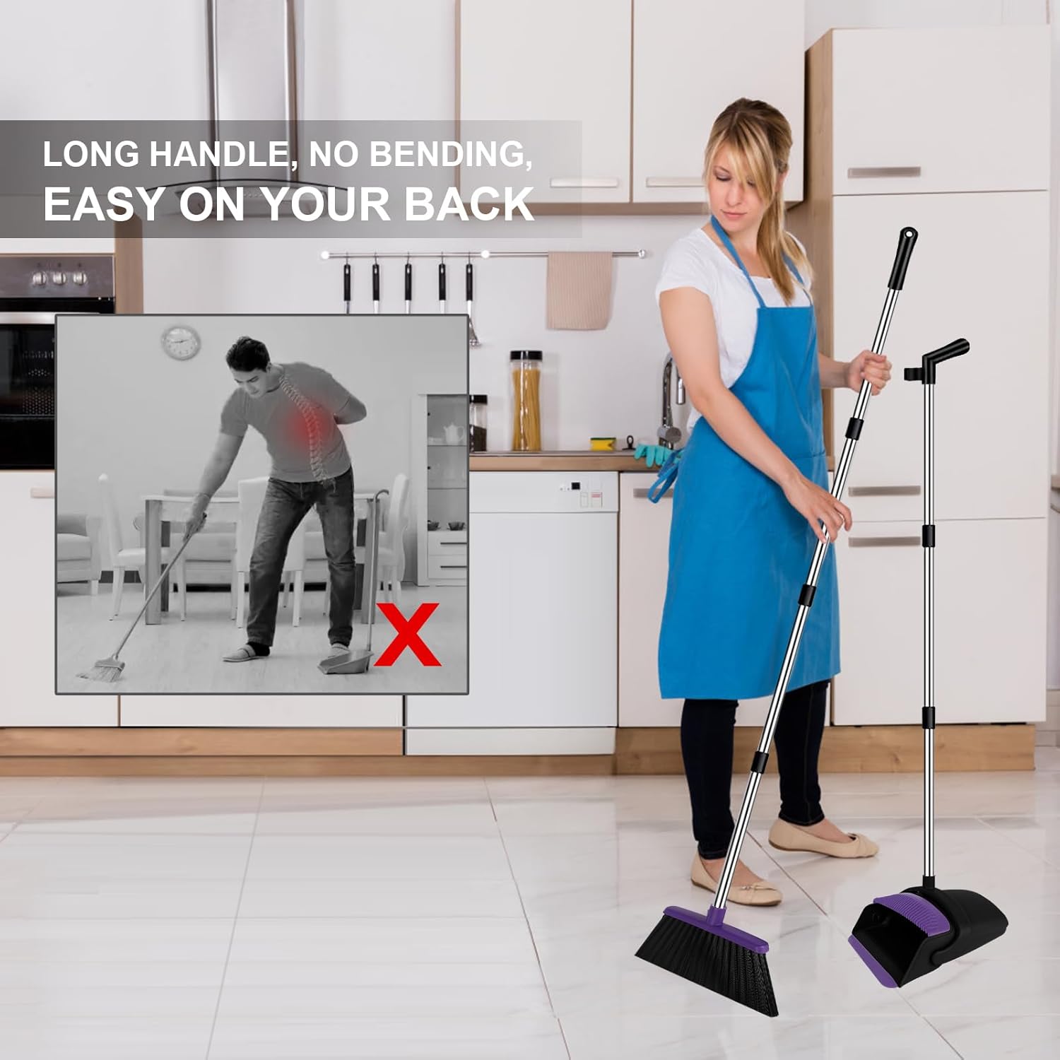 Broom with Dustpan Combo Set, 51" Household Dustpans and Broom, Standing Dust Pan Set for Home