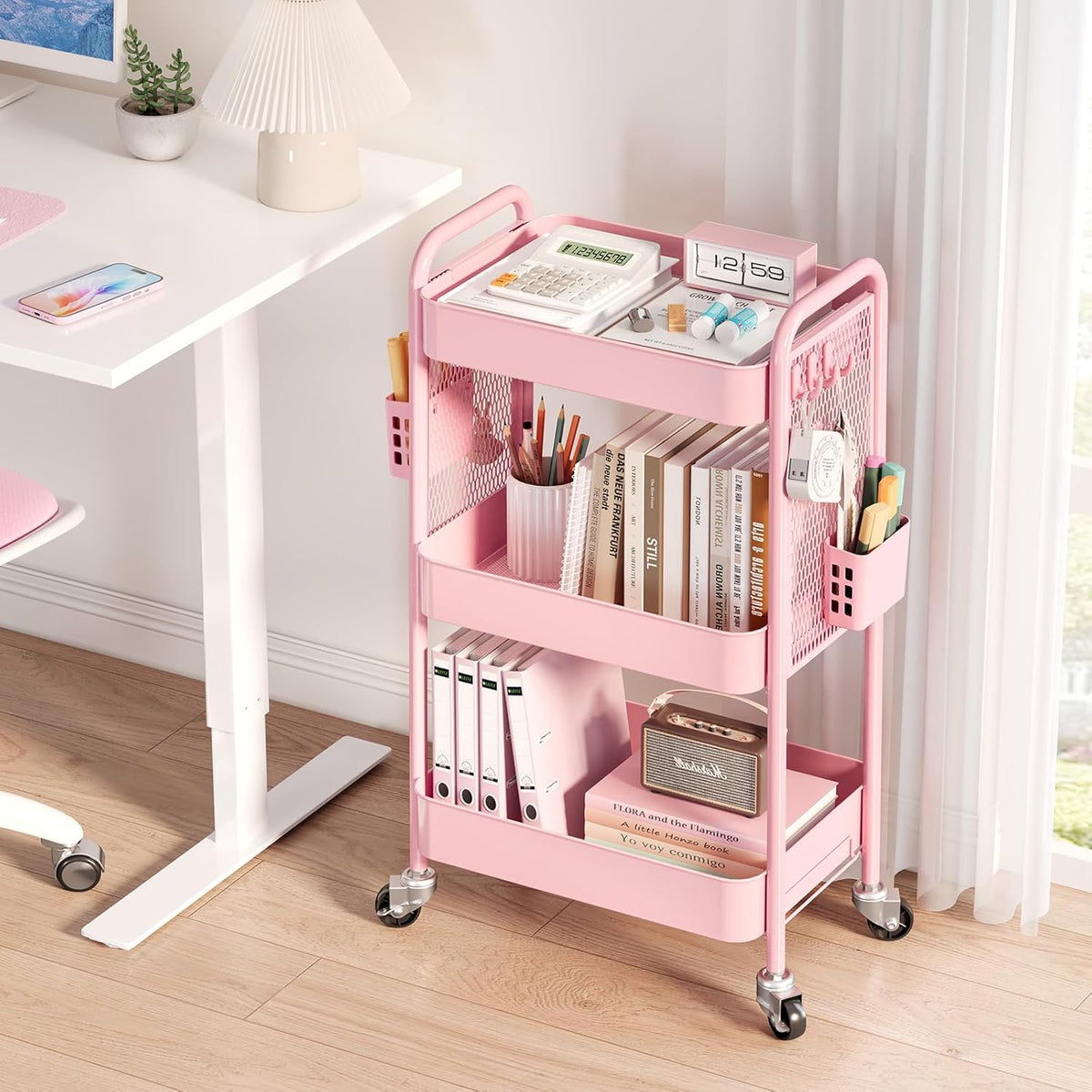 TOOLF 3 Tier Rolling Cart Storage Organizer, Metal Rolling Utility Cart with Wheels, Hooks & Bins