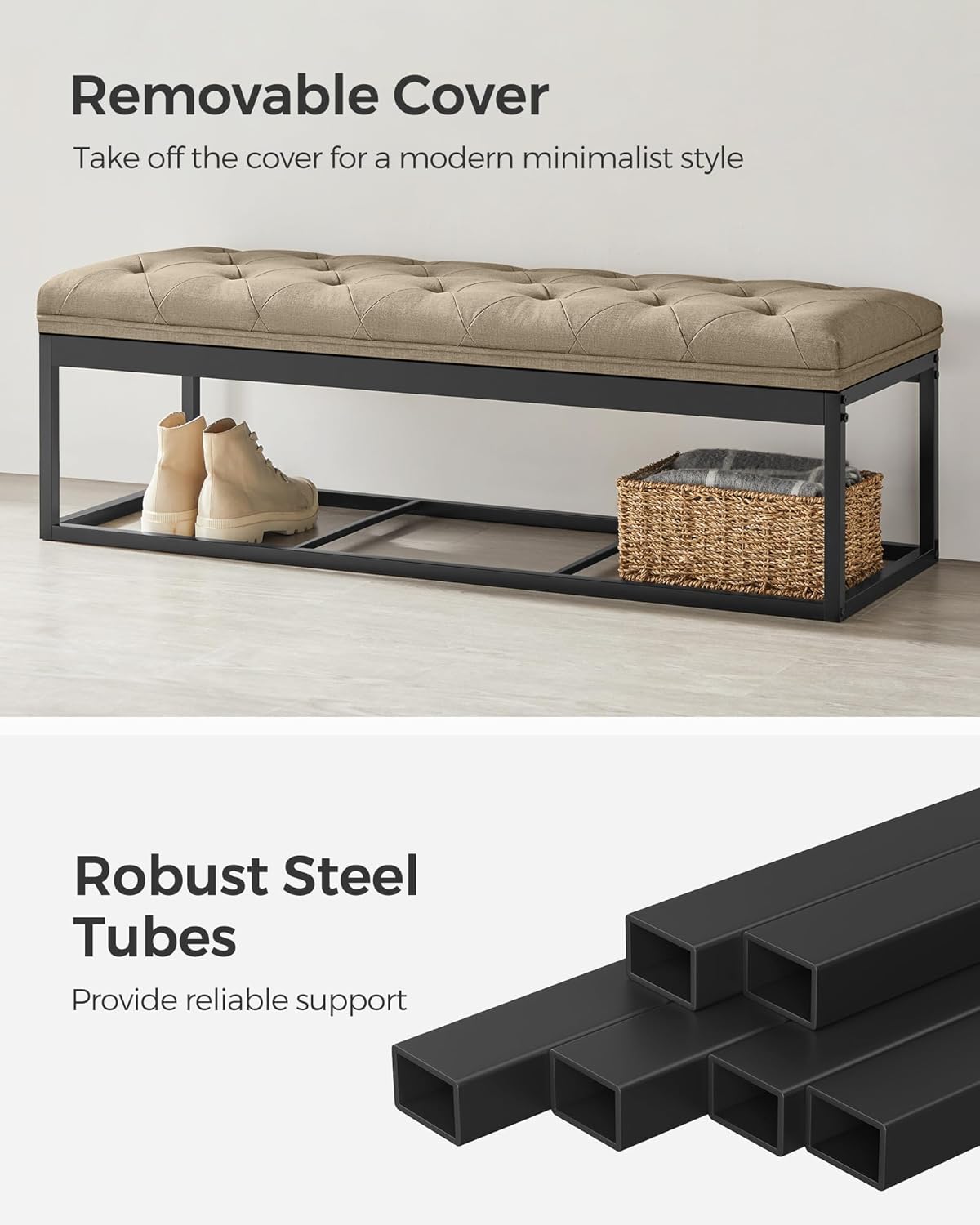 SONGMICS Storage Ottoman Bench, Foot Rest with Legs, 15.7 x 43.3 x 15.7 Inches, End of Bed Bench