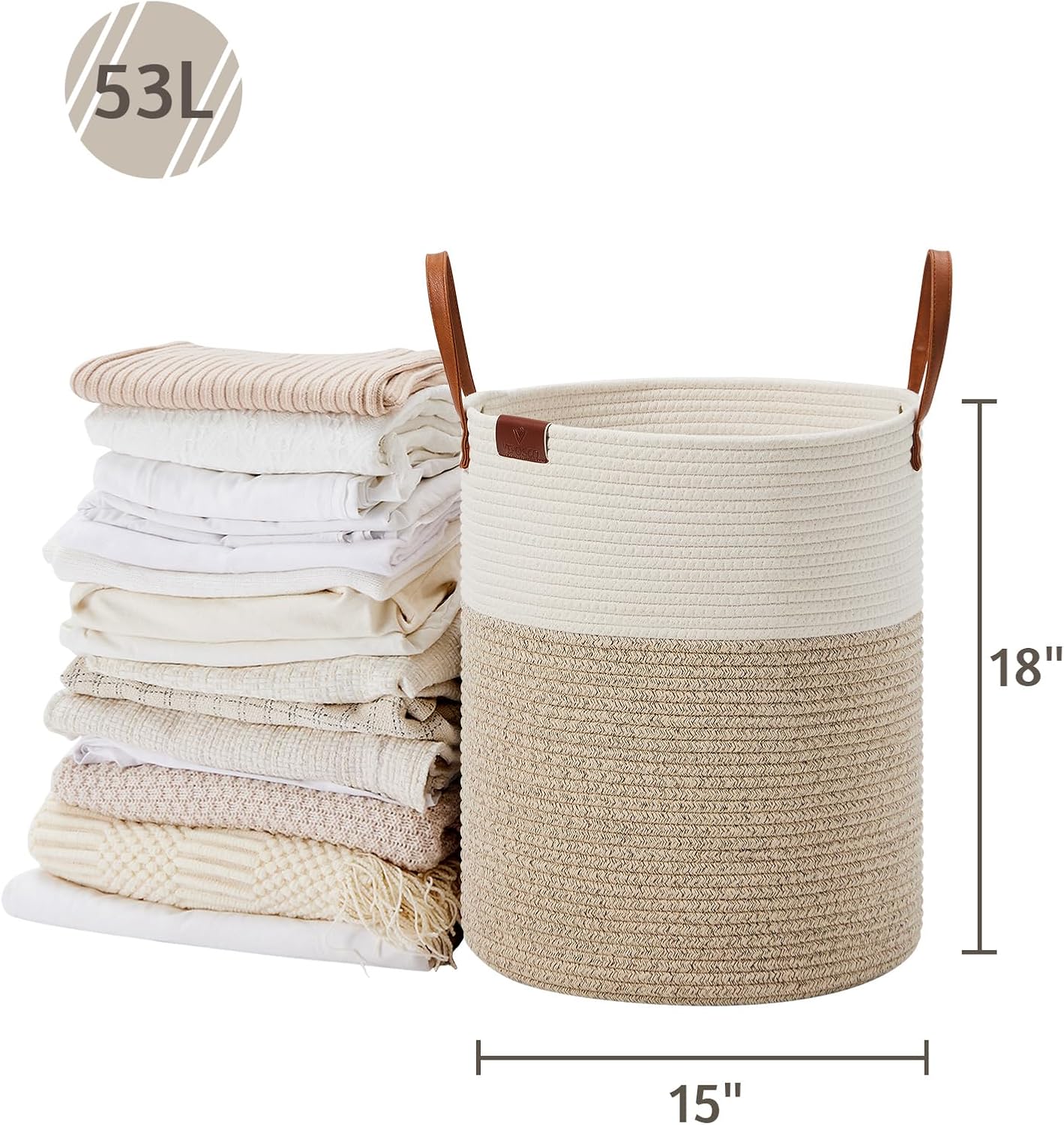 VIPOSCO Tall Laundry Basket, Large Dirty Clothes Hamper with Leather Handle, Woven Rope Storage