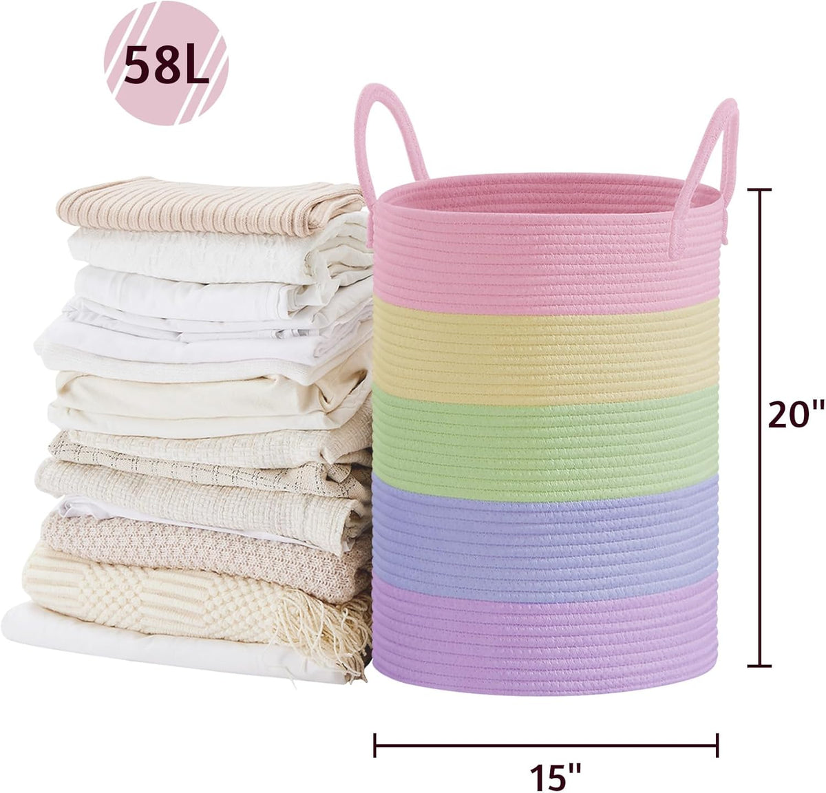 VIPOSCO Large Laundry Hamper, Tall Woven Rope Storage Basket for Blanket, Toys, Dirty Clothes in