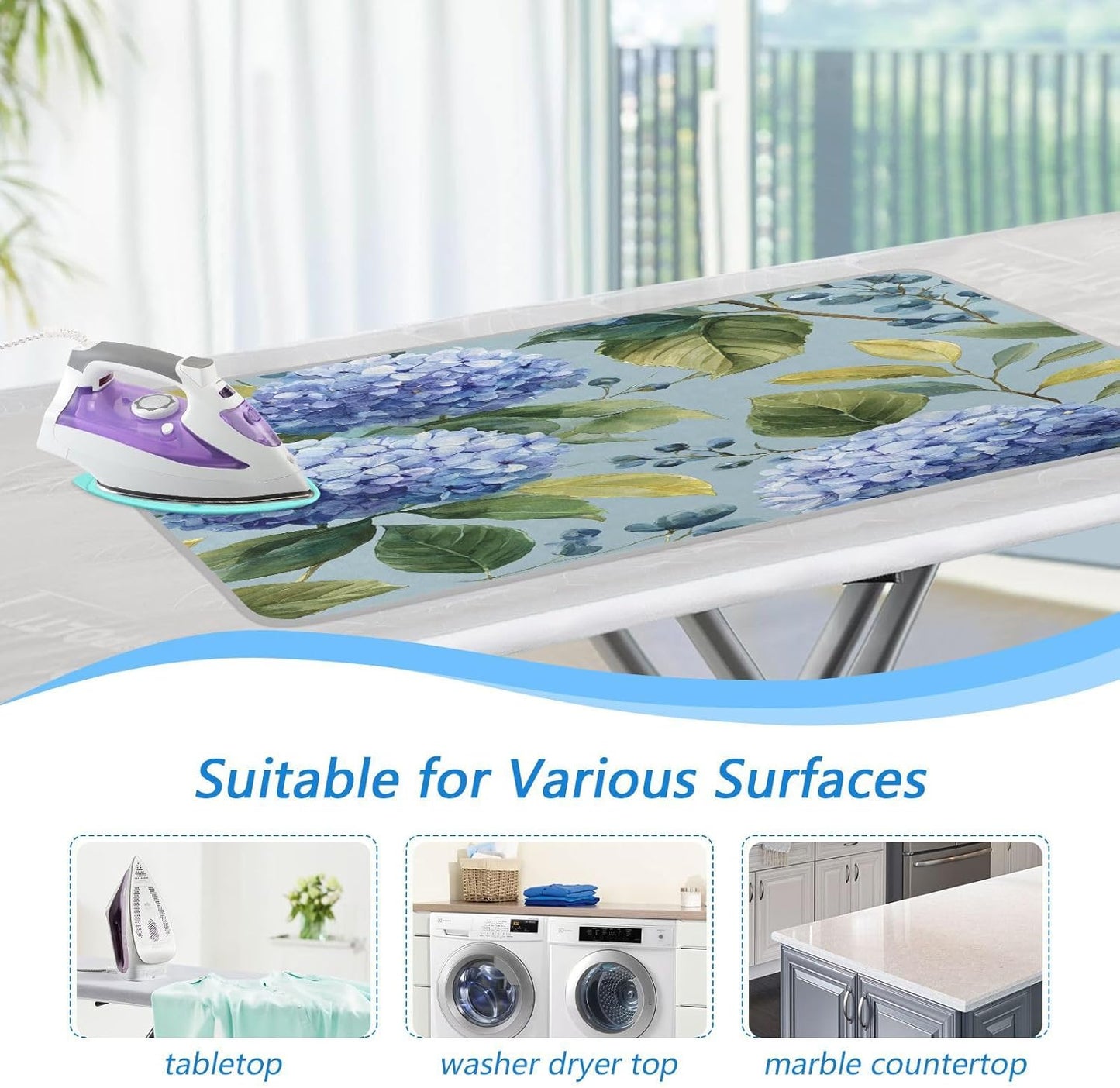 Watercolor Blue Hydrangea Ironing Mat Thickened Ironing Blanket Travel Portable Double-Side Using